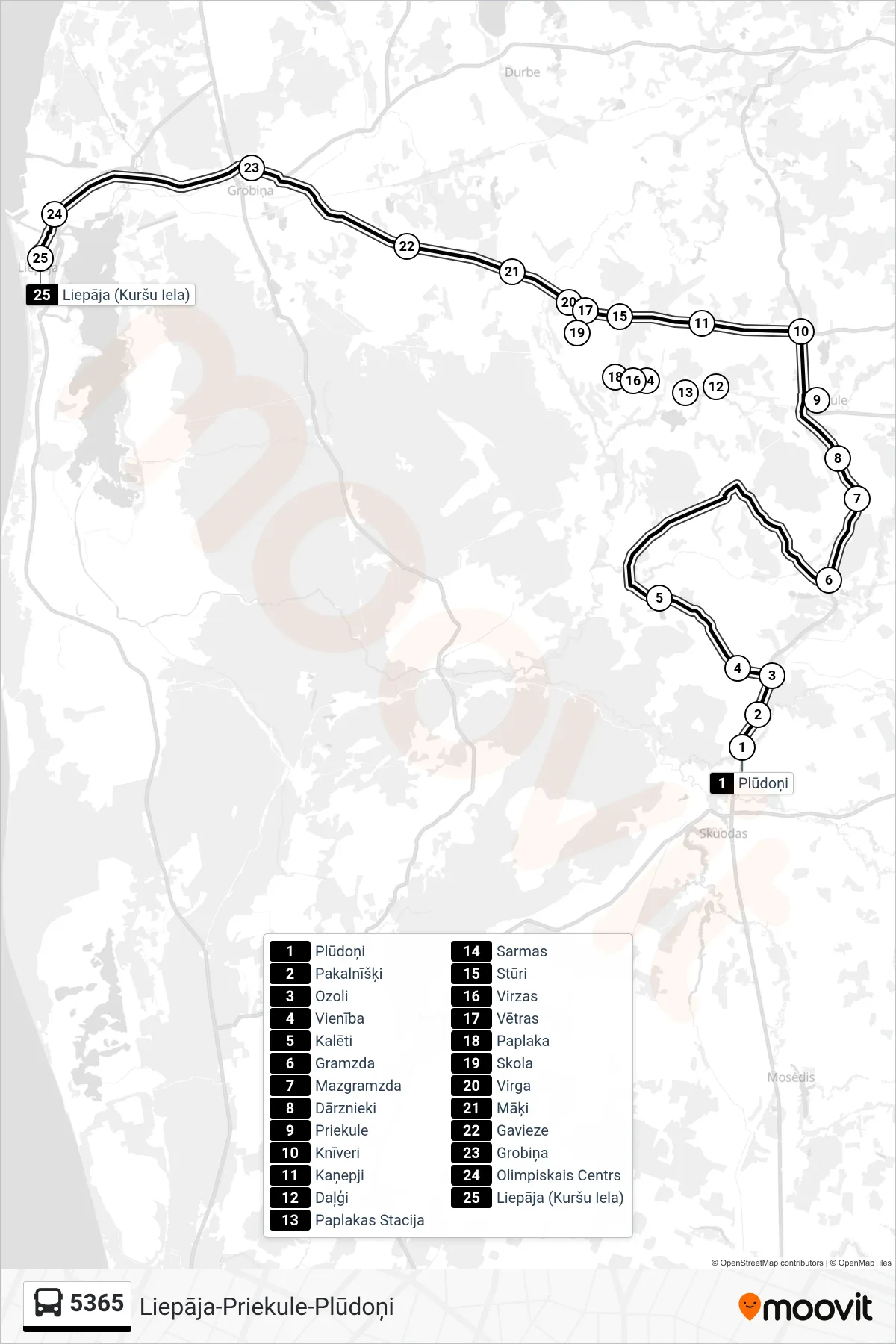 5365 bus Line (Liepāja (Kuršu Iela)) route and stops on a map