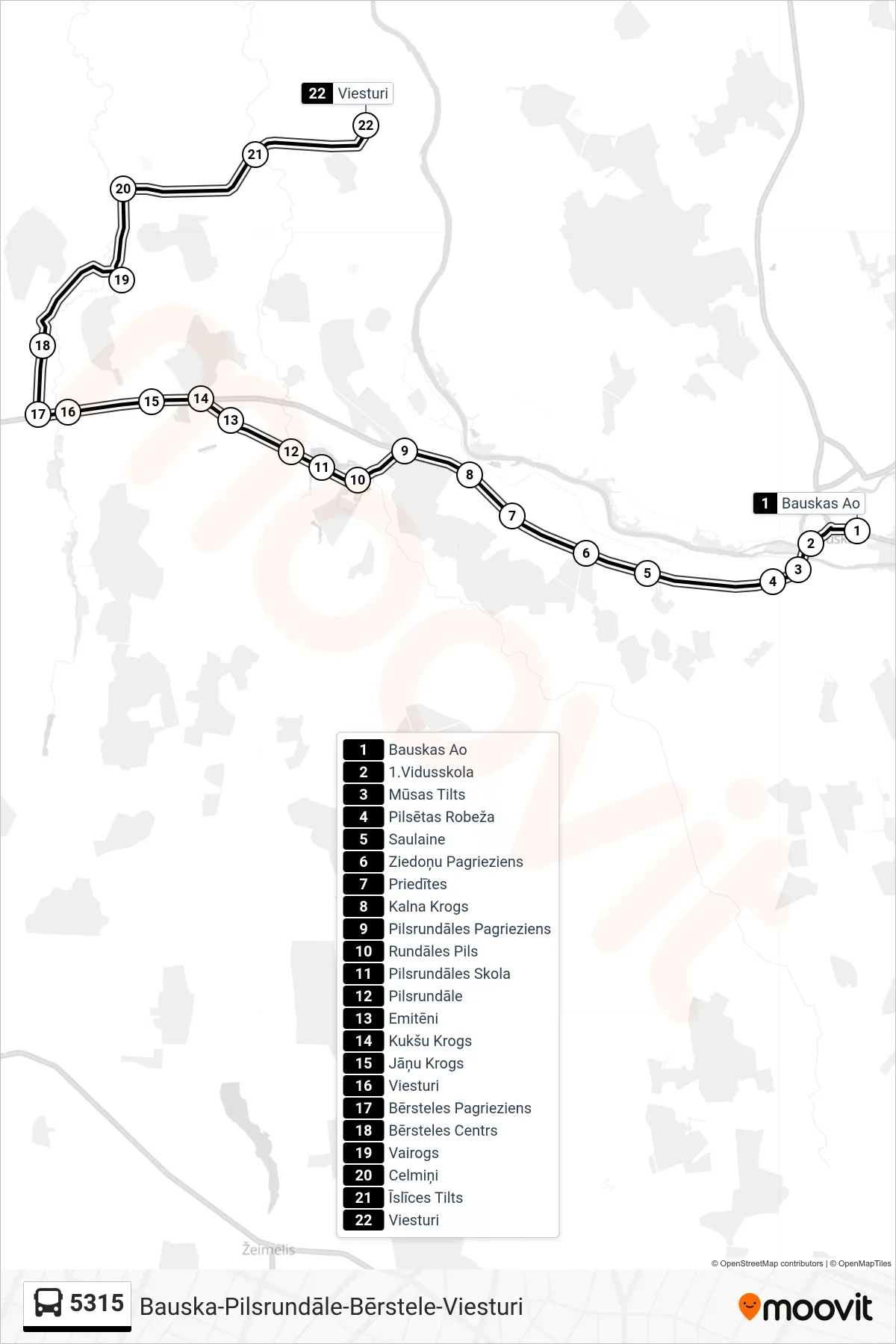 5315 bus Line (Viesturi) route and stops on a map
