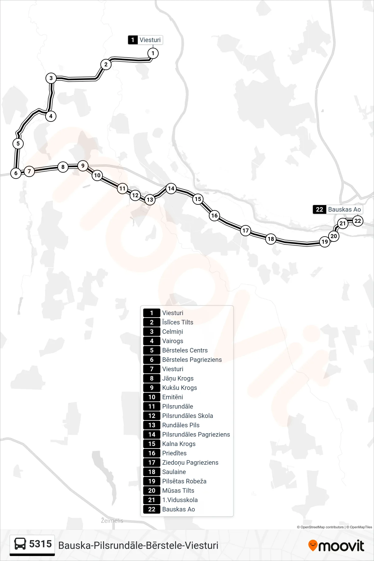 5315 bus Line (Bauskas Ao) route and stops on a map