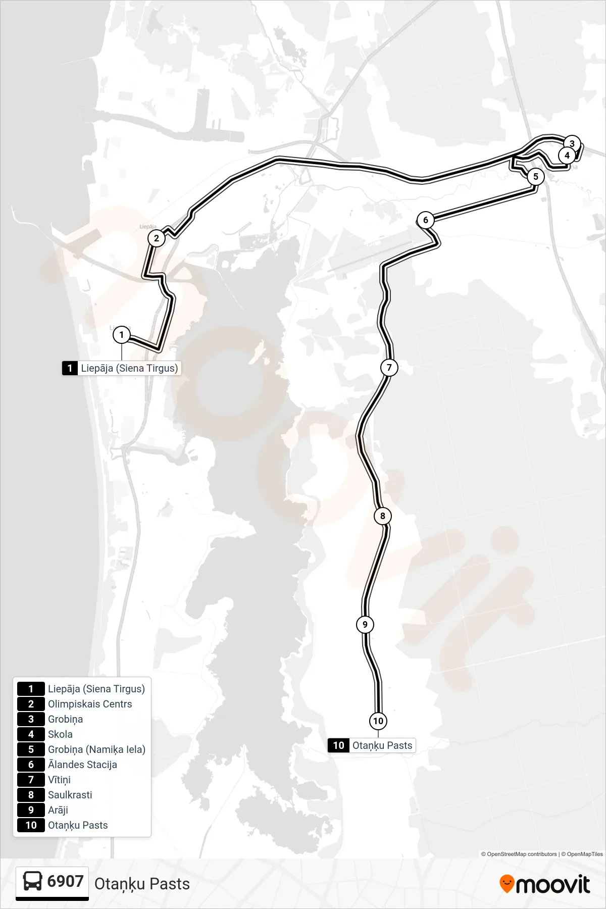 6907 bus Line (Otaņķu Pasts) route and stops on a map