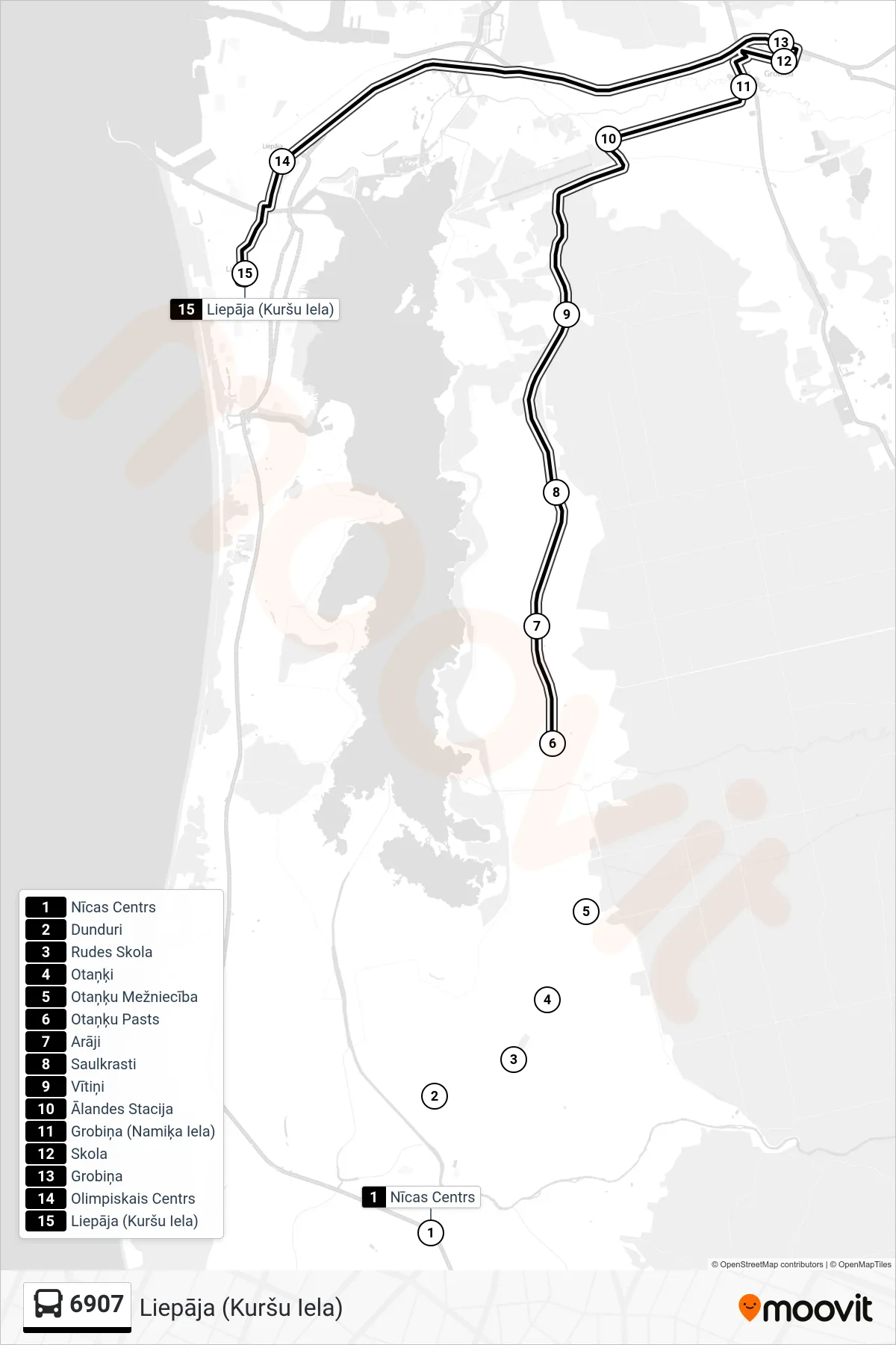 6907 bus Line (Liepāja (Kuršu Iela)) route and stops on a map