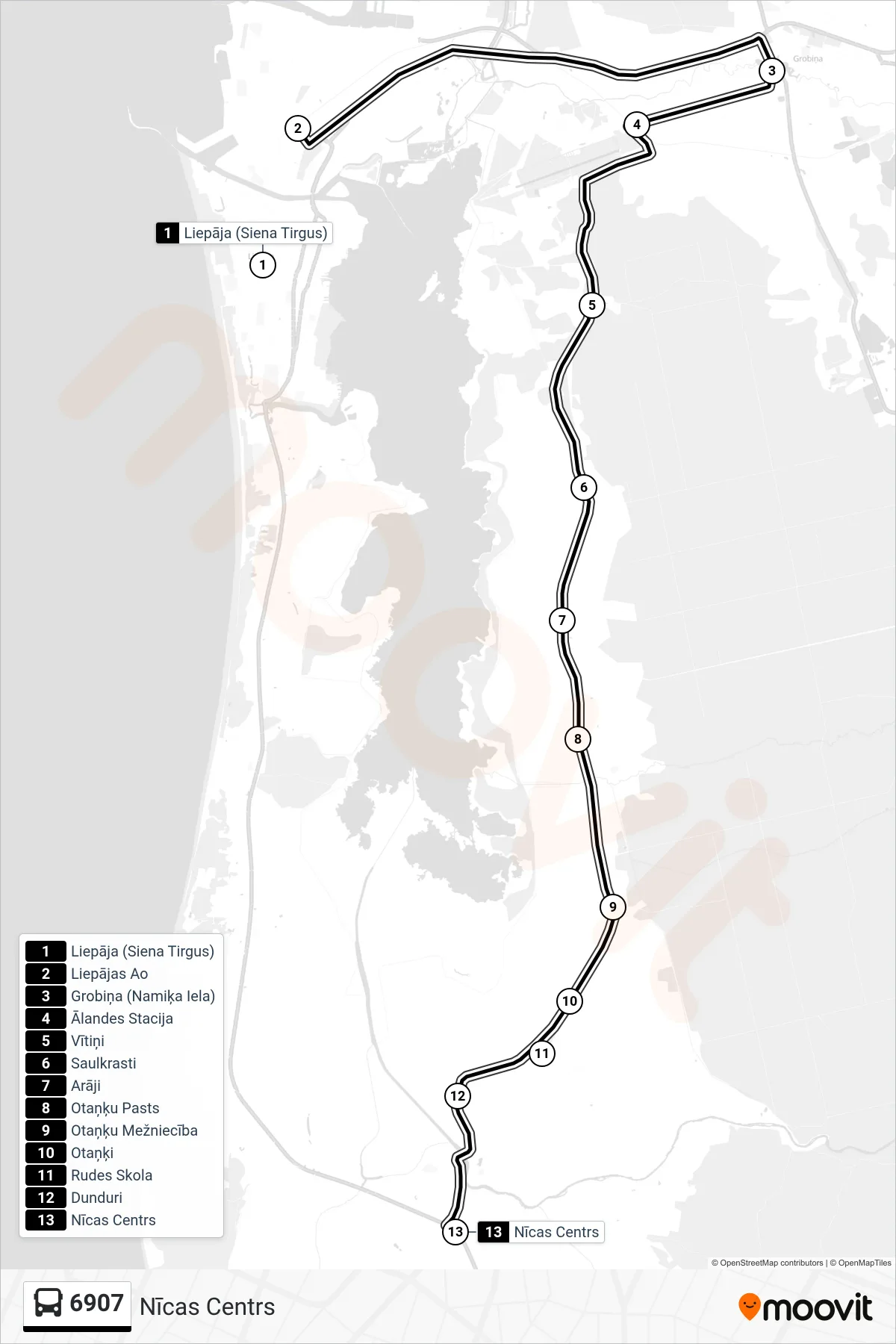 6907 bus Line (Nīcas Centrs) route and stops on a map