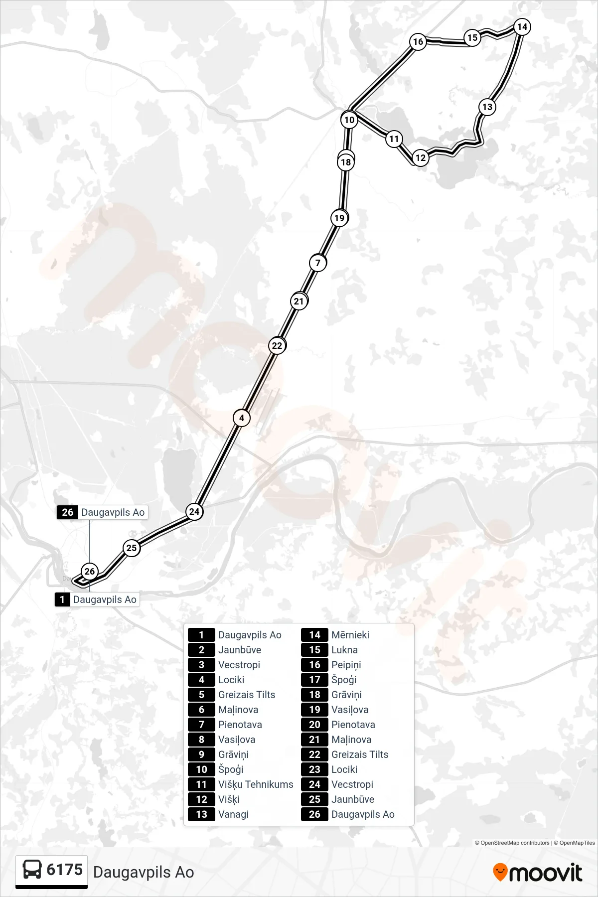 6175 bus Line (Daugavpils Ao) route and stops on a map