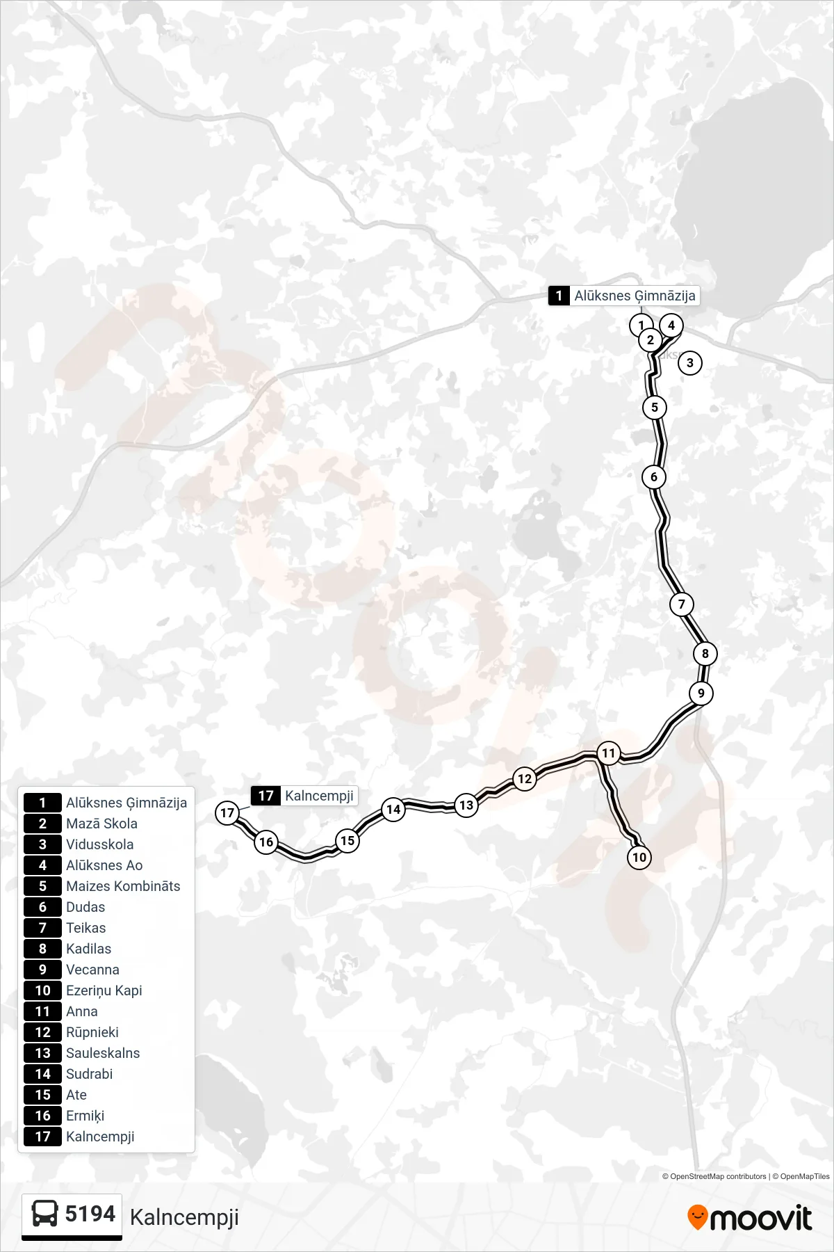 5194 bus Line (Kalncempji) route and stops on a map