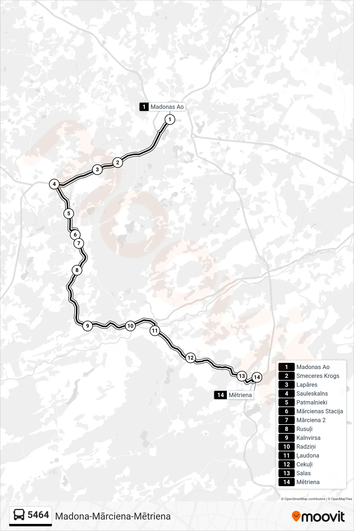 5464 bus Line (Mētriena) route and stops on a map