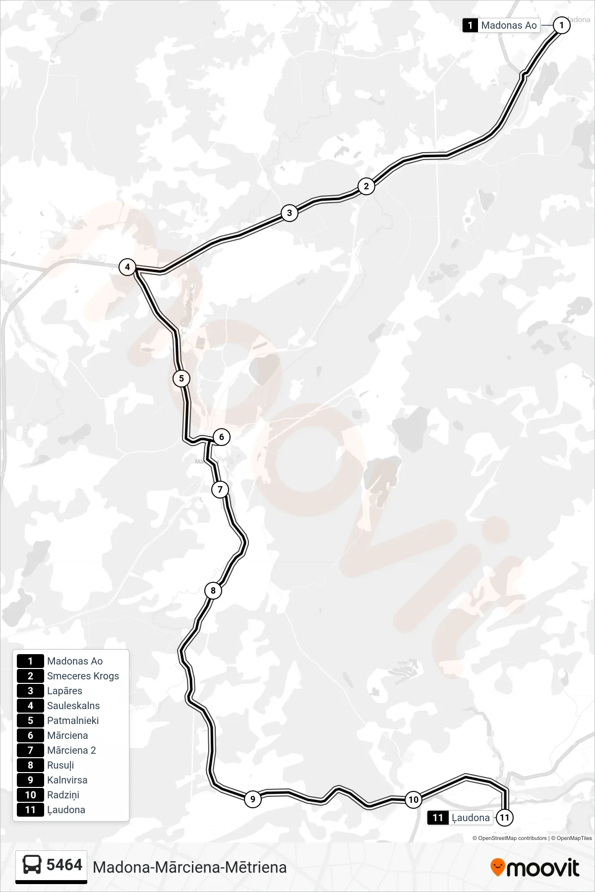 5464 bus Line (Ļaudona) route and stops on a map