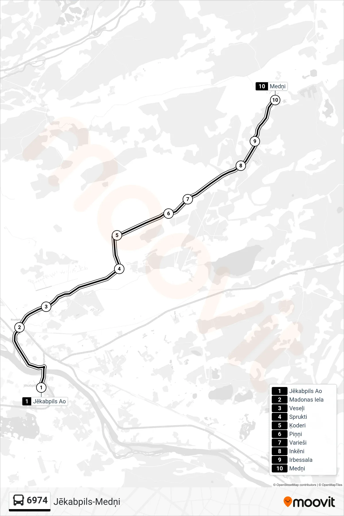 6974 bus Line (Medņi) route and stops on a map