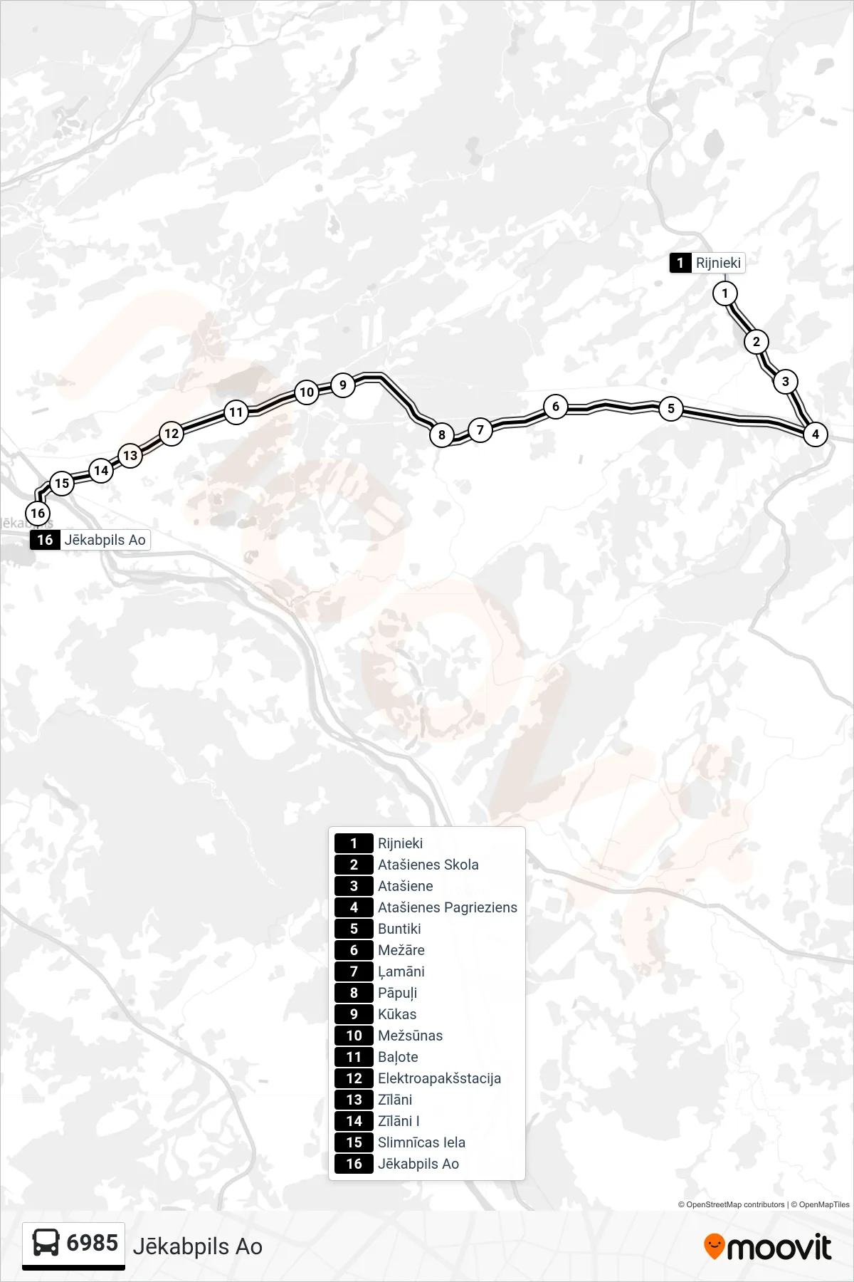 6985 bus Line (Jēkabpils Ao) route and stops on a map