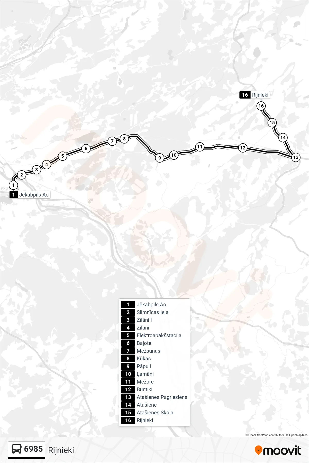 6985 bus Line (Rijnieki) route and stops on a map