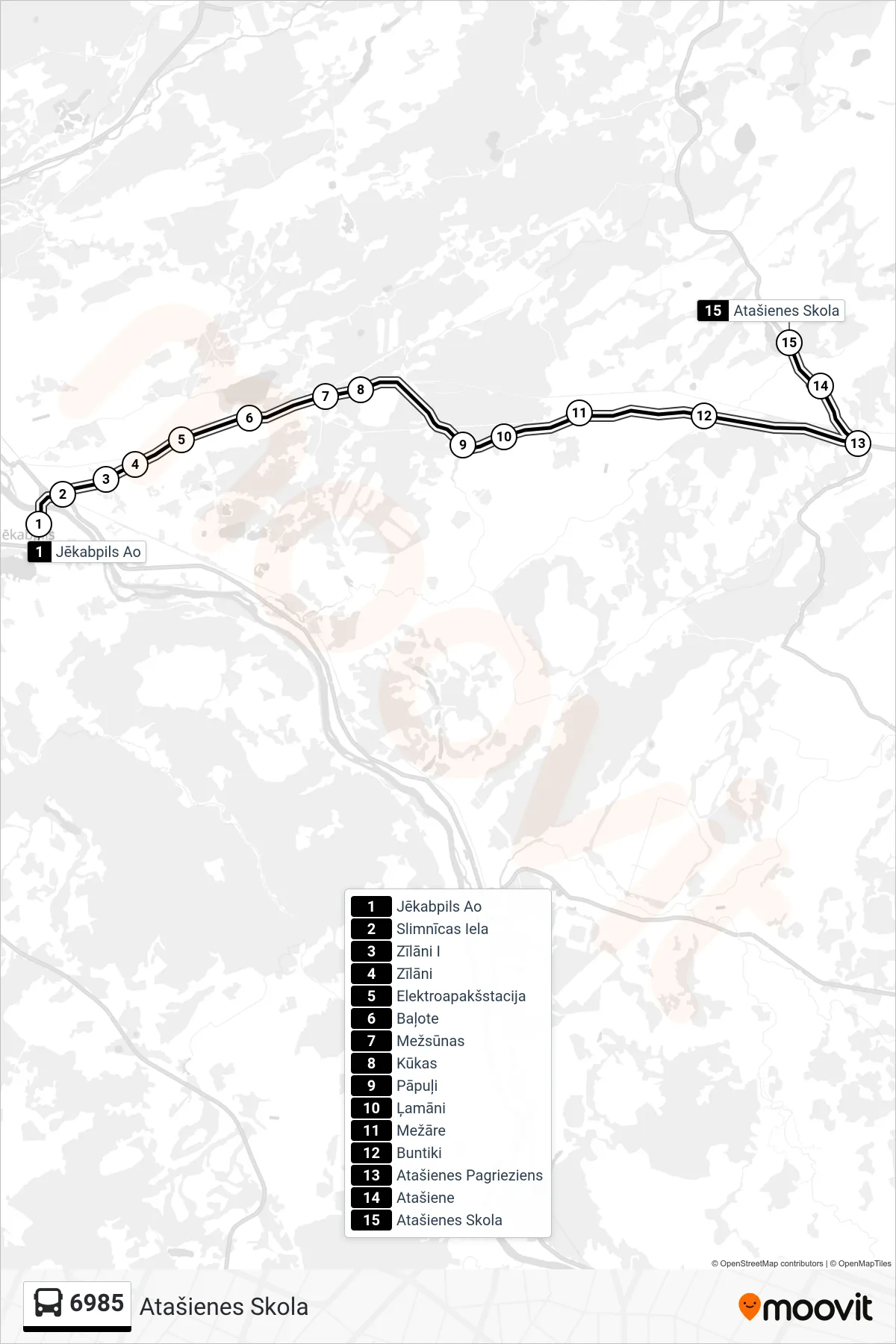 6985 bus Line (Atašienes Skola) route and stops on a map
