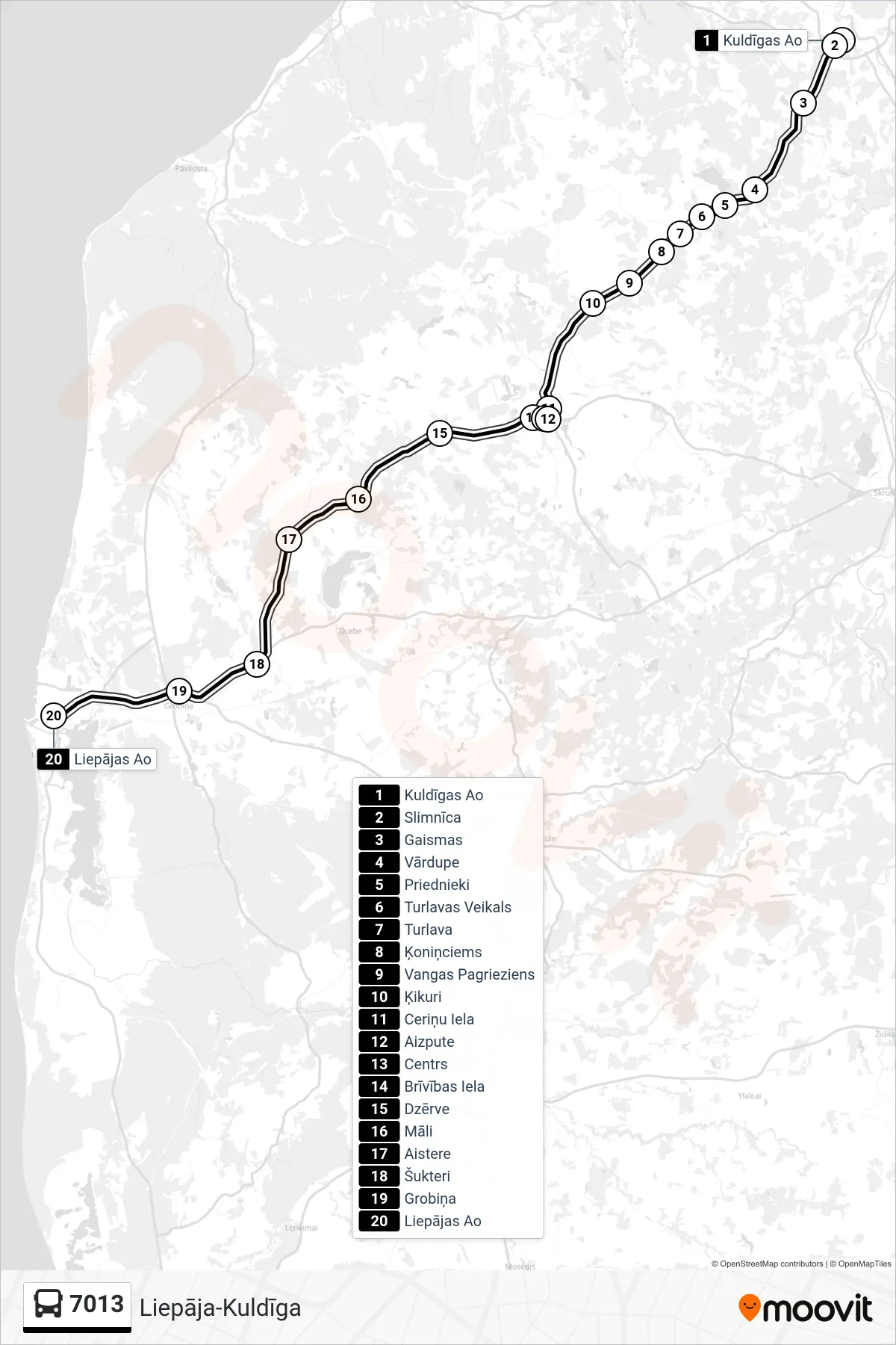 7013 bus Line (Liepājas Ao) route and stops on a map