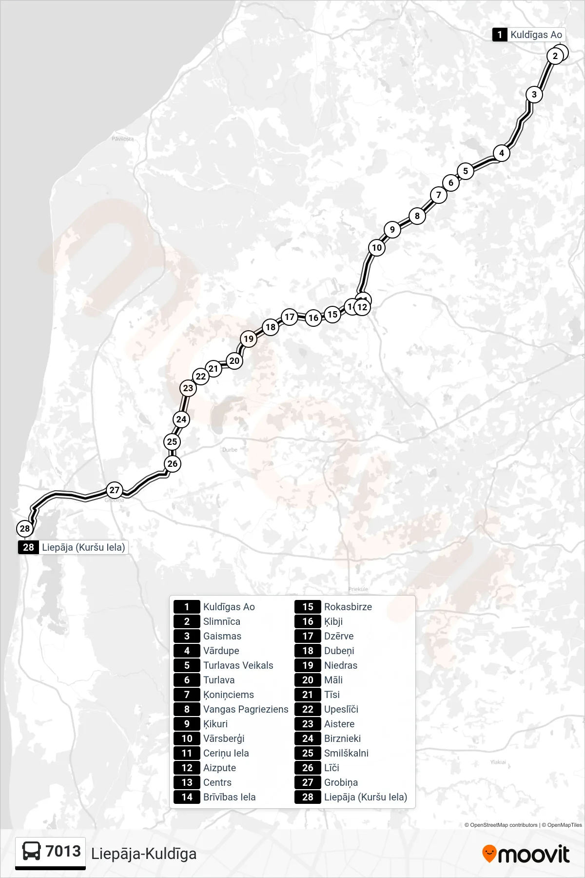 7013 bus Line (Liepāja (Kuršu Iela)) route and stops on a map