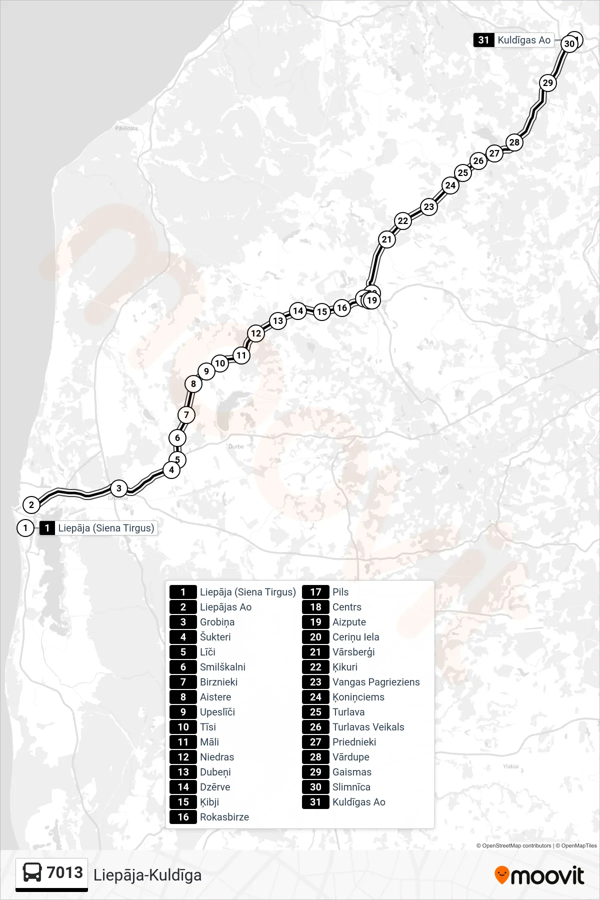 7013 bus Line (Kuldīgas Ao) route and stops on a map