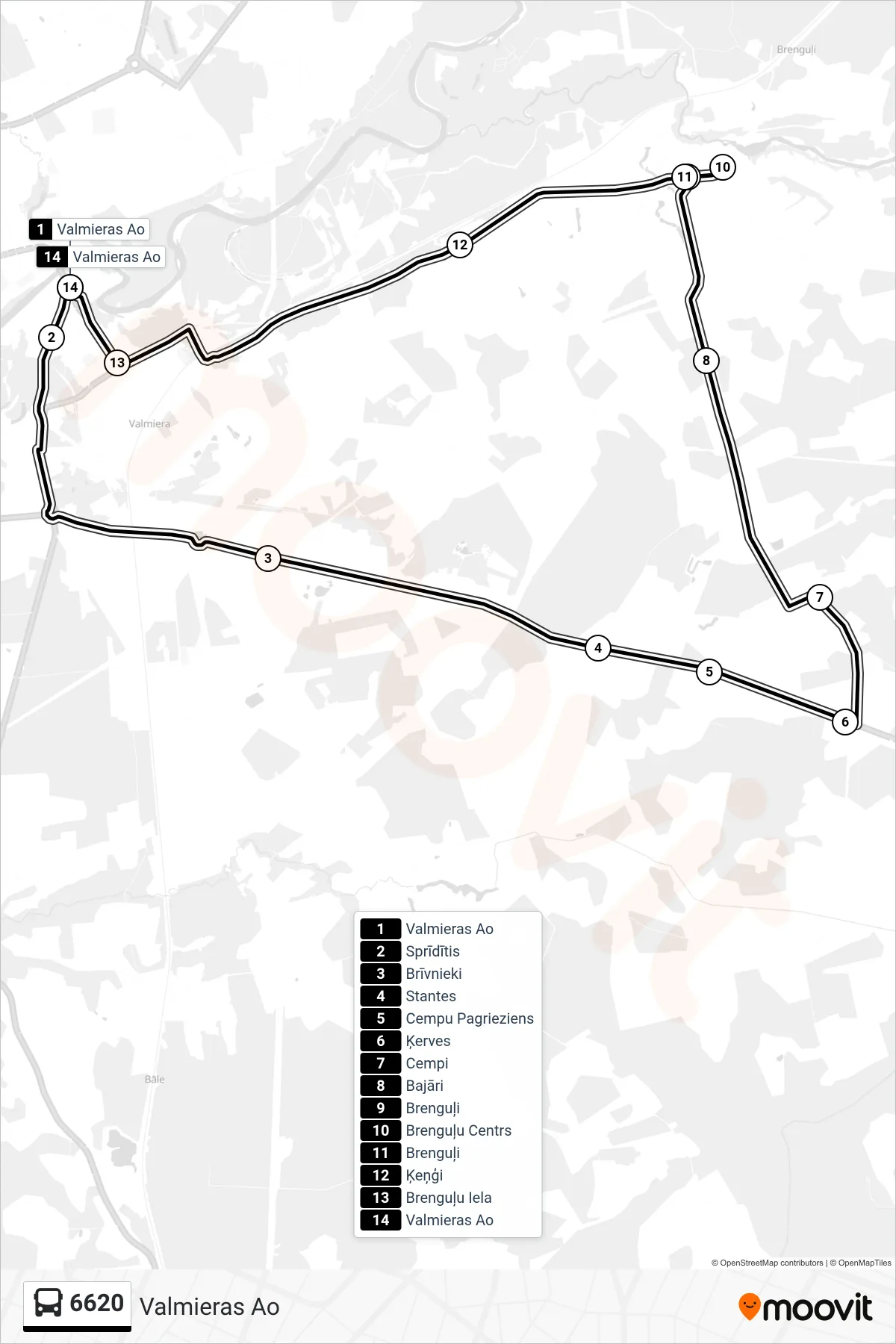 6620 bus Line (Valmieras Ao) route and stops on a map