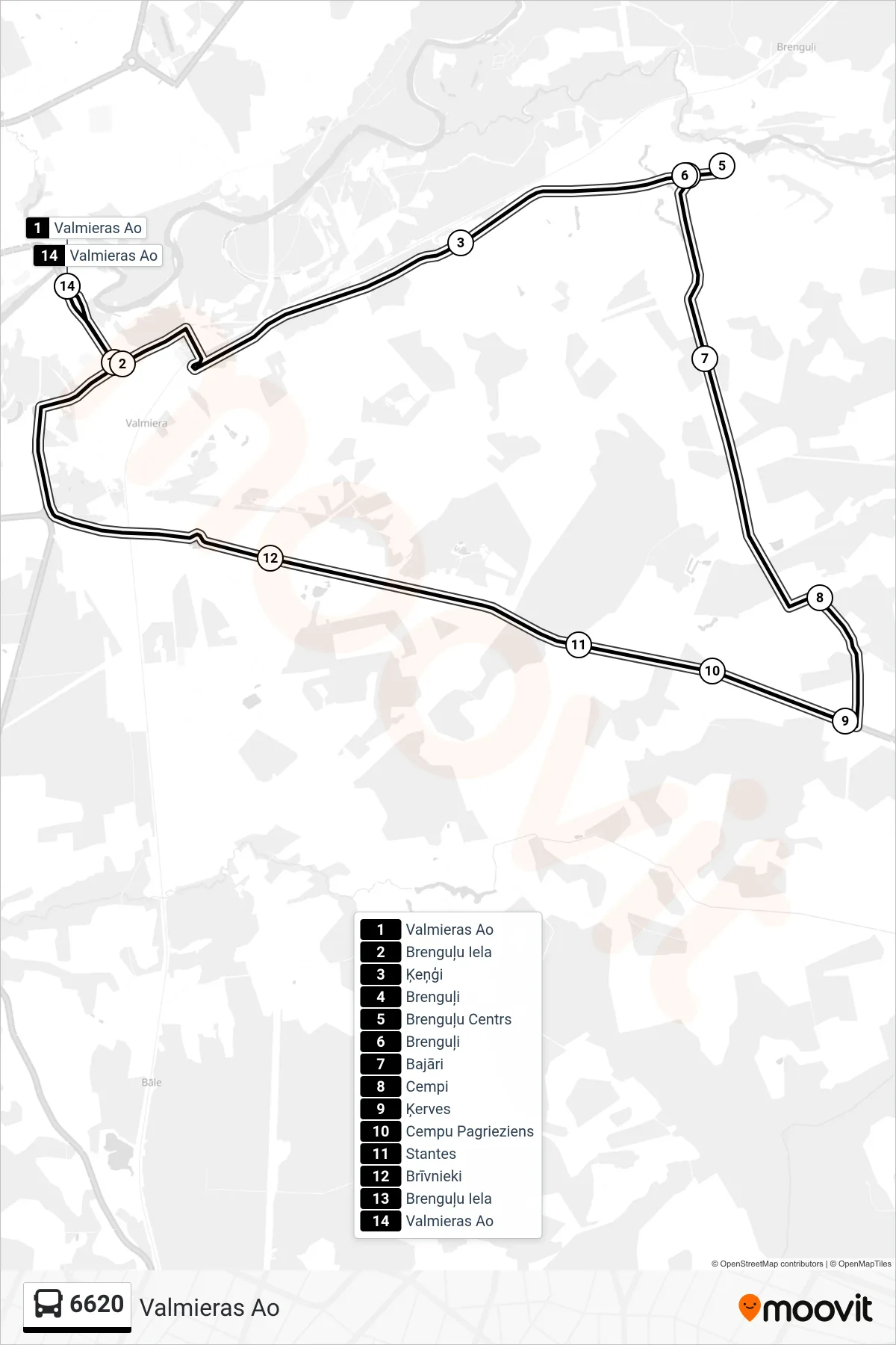 6620 bus Line (Valmieras Ao) route and stops on a map