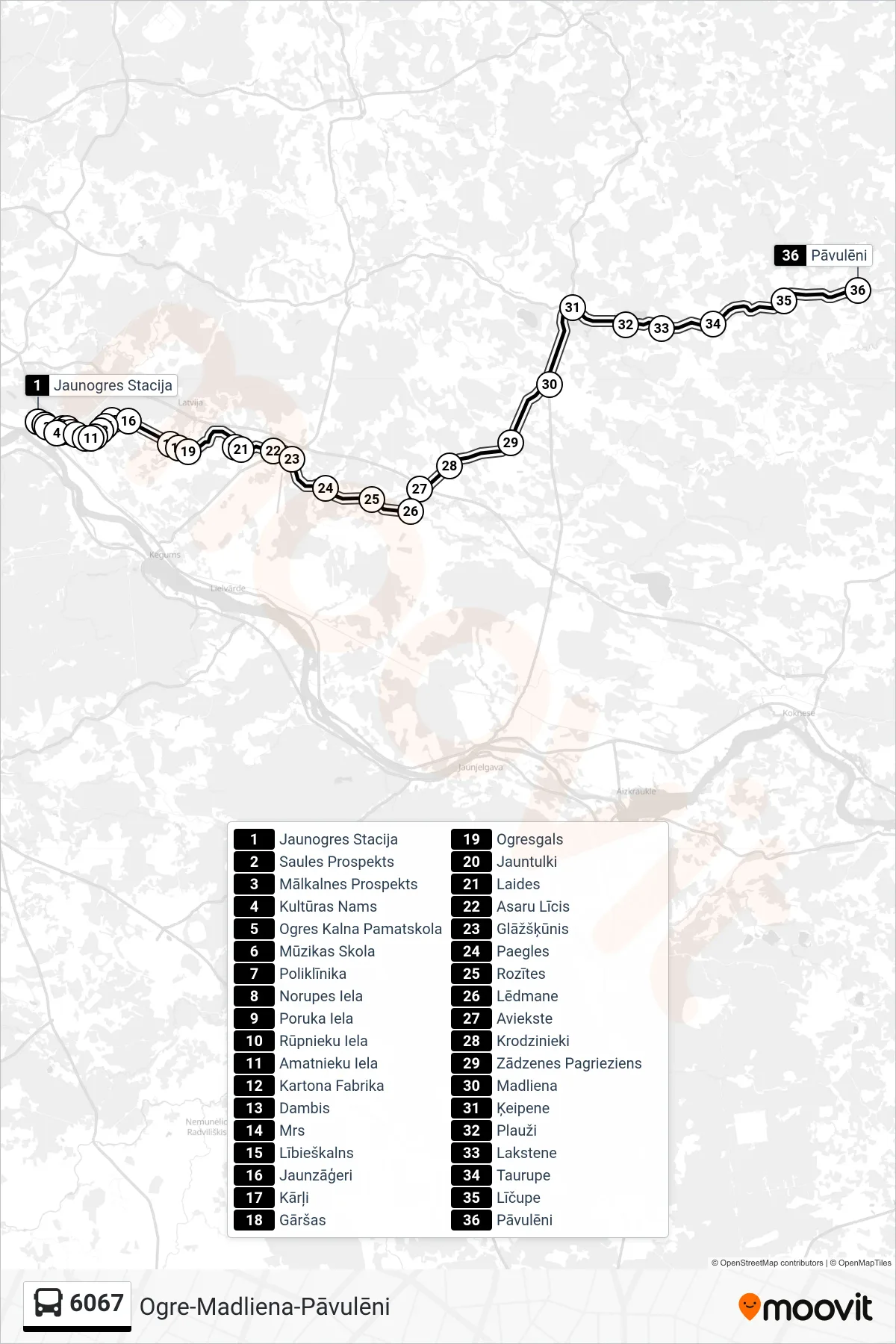 6067 bus Line (Pāvulēni) route and stops on a map