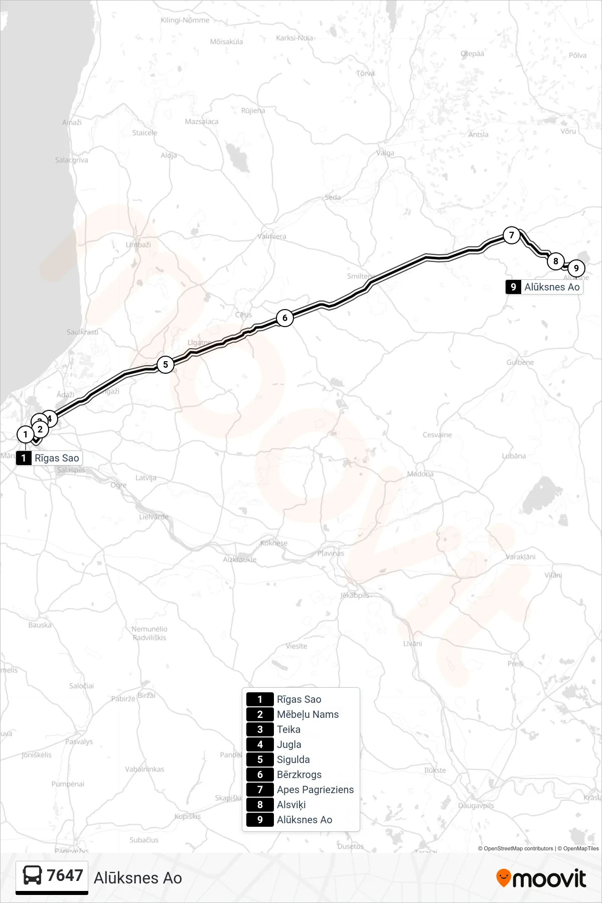 7647 bus Line (Alūksnes Ao) route and stops on a map
