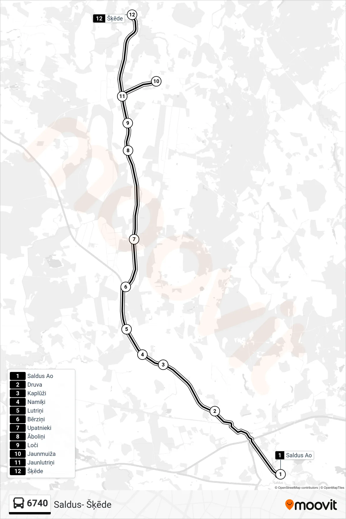 6740 bus Line (Šķēde) route and stops on a map