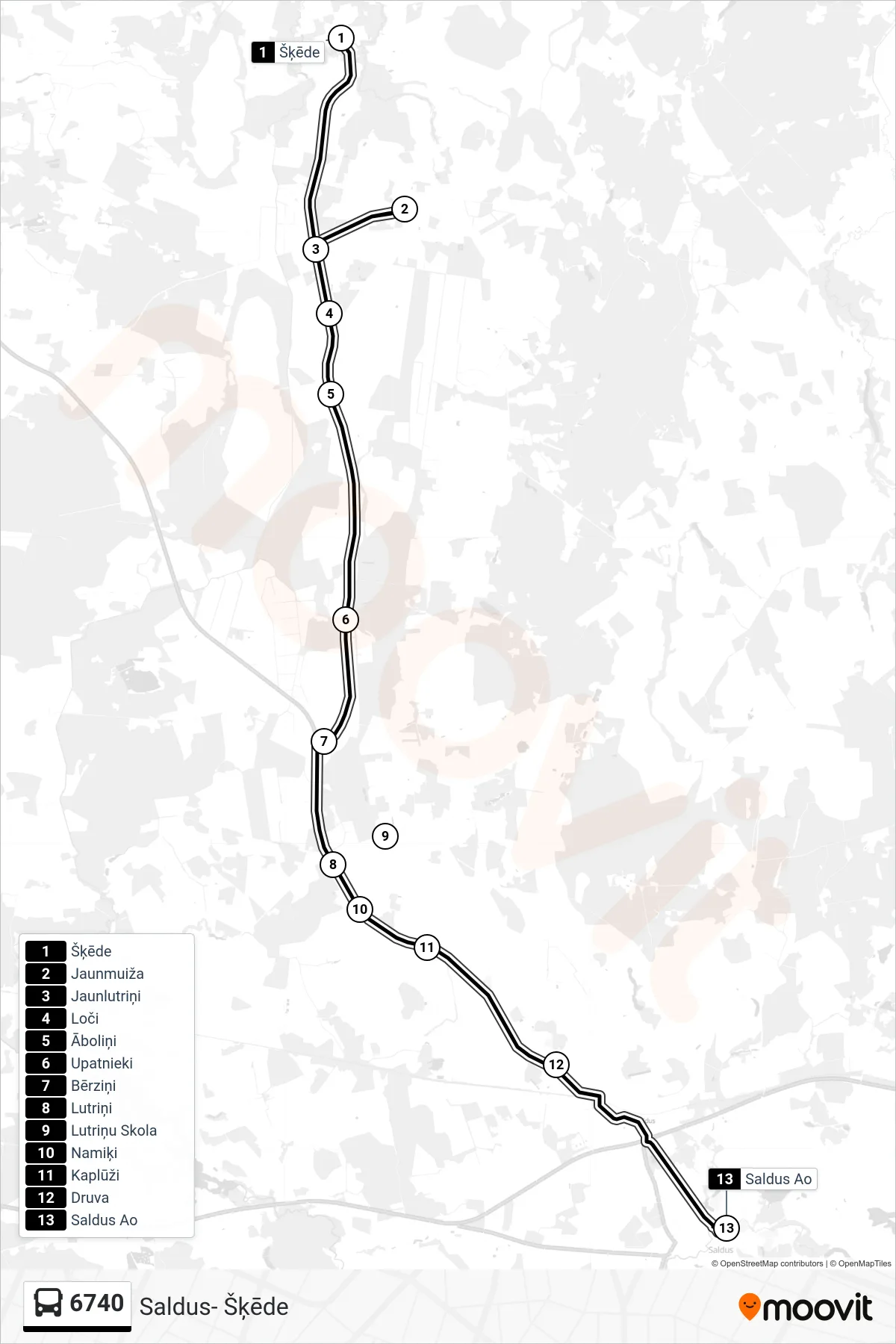 6740 bus Line (Saldus Ao) route and stops on a map