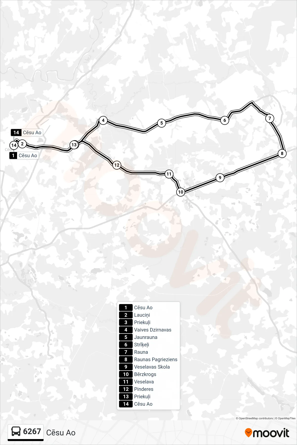 6267 bus Line (Cēsu Ao) route and stops on a map