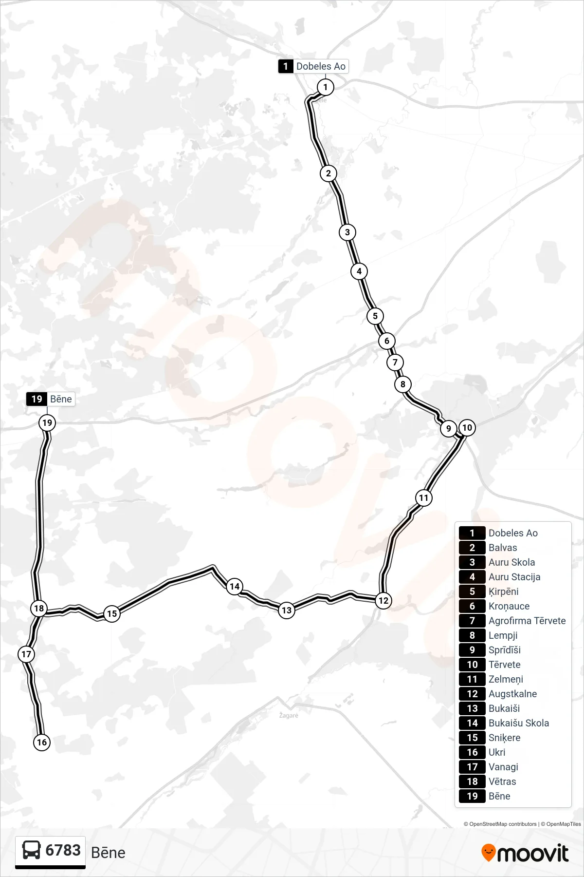 6783 bus Line (Bēne) route and stops on a map