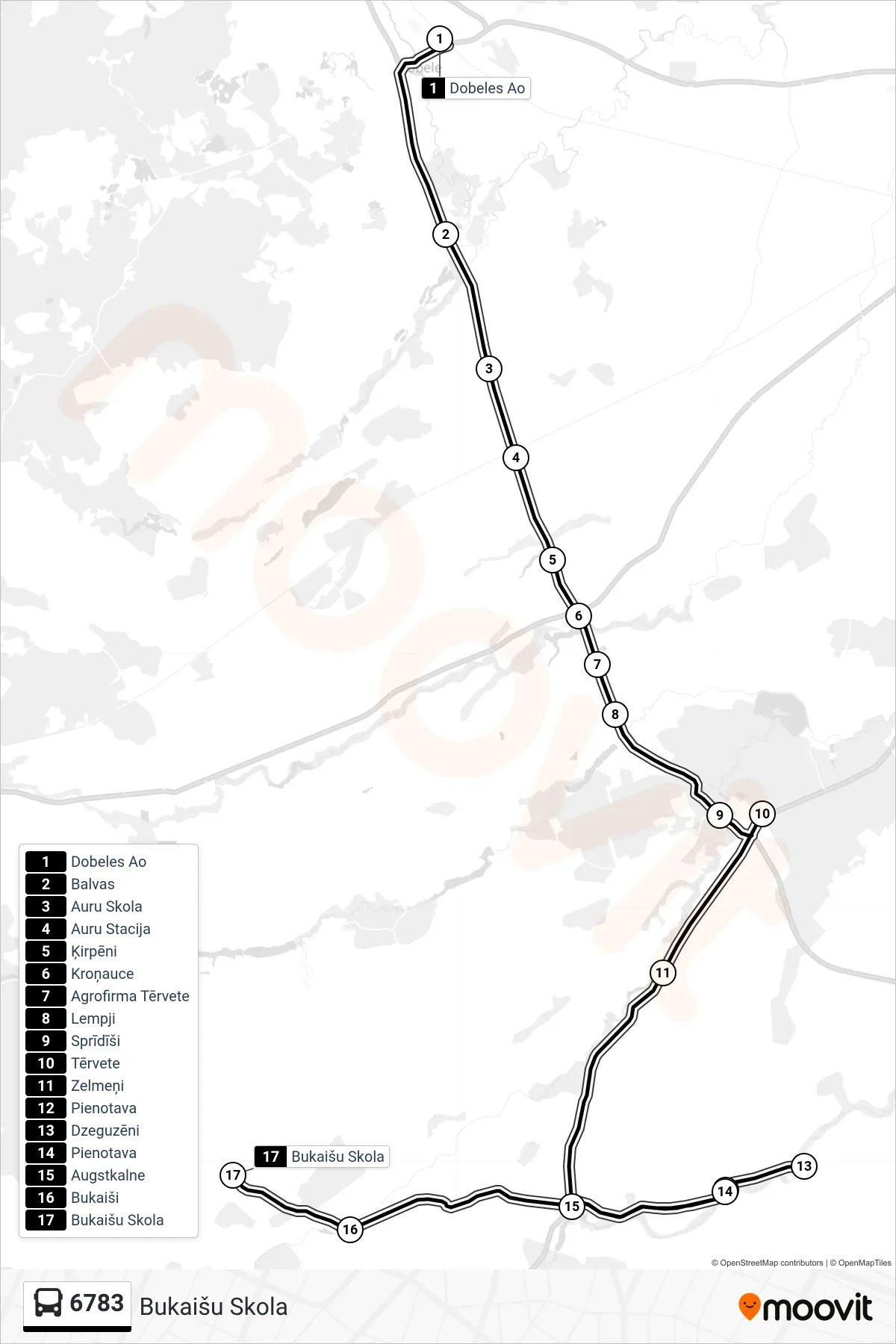 6783 bus Line (Bukaišu Skola) route and stops on a map