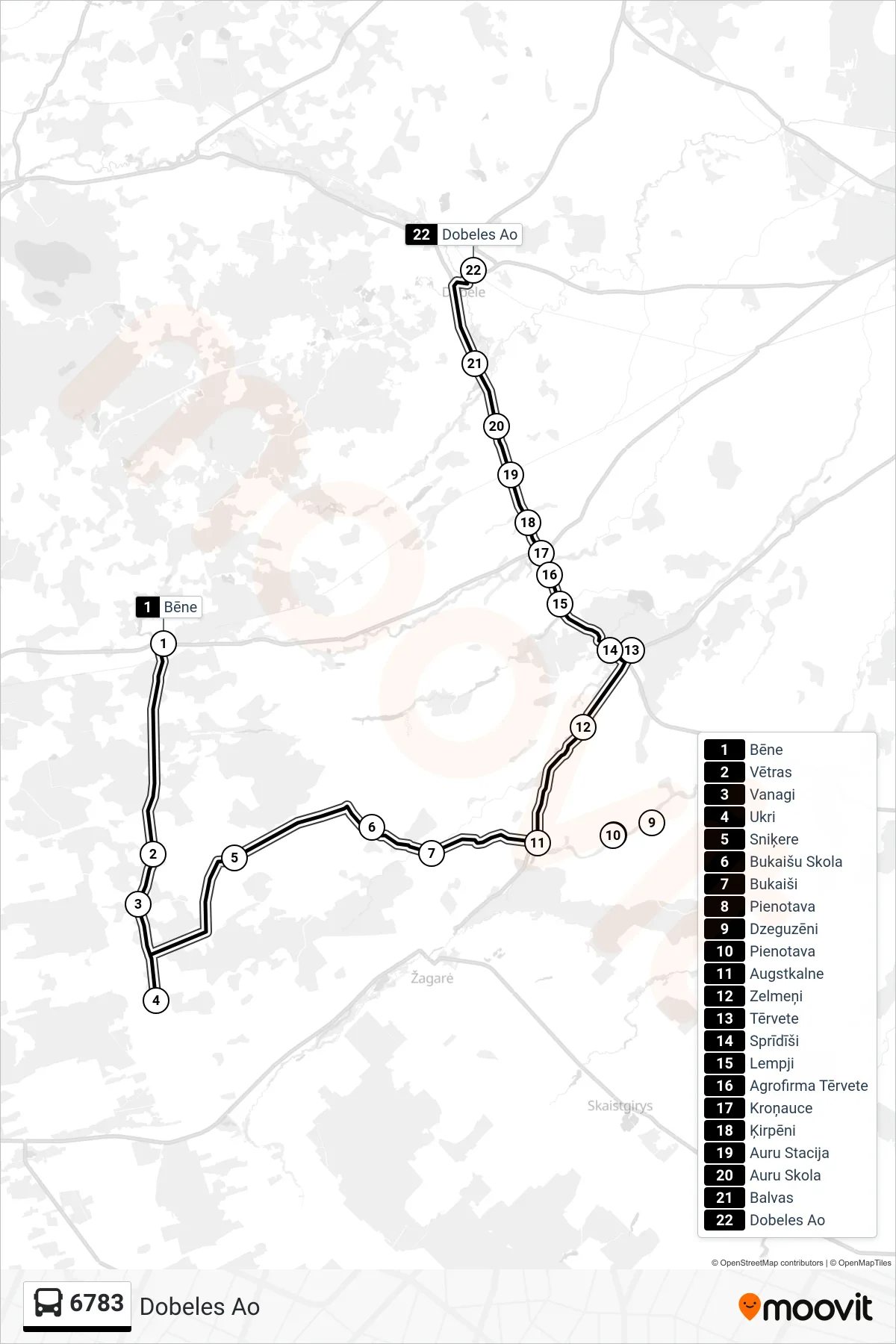6783 bus Line (Dobeles Ao) route and stops on a map