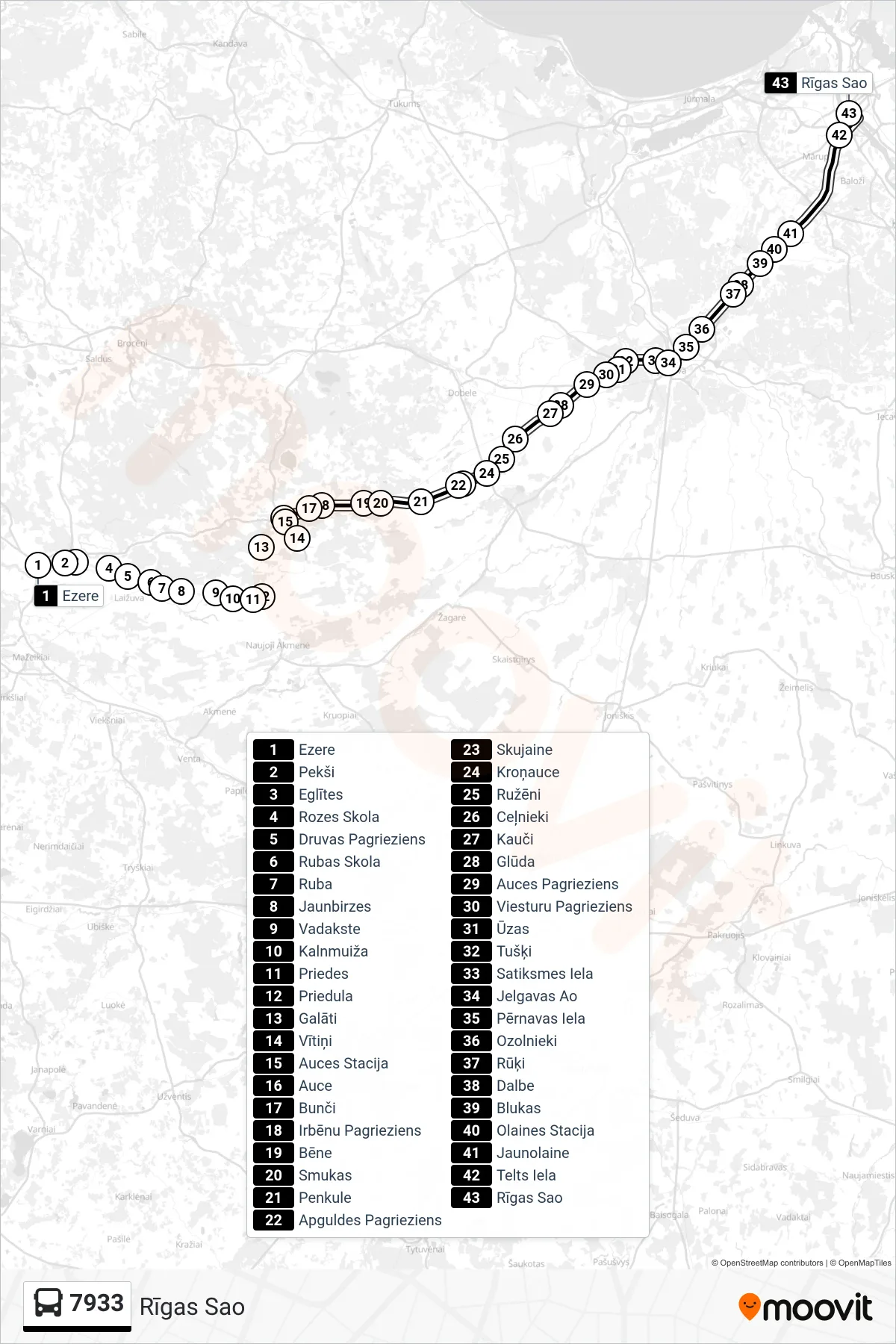7933 bus Line (Rīgas Sao) route and stops on a map