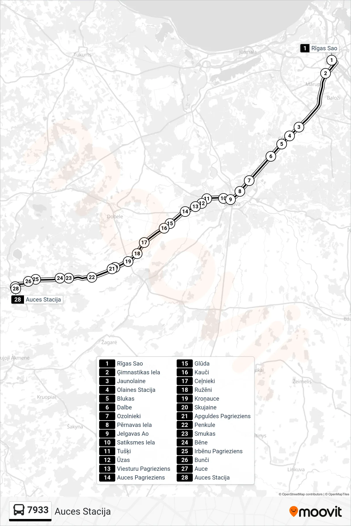 7933 bus Line (Auces Stacija) route and stops on a map