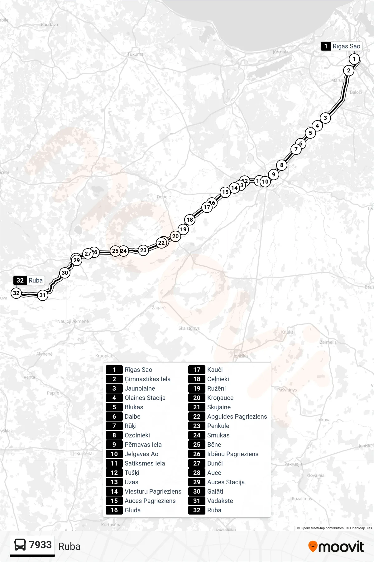 7933 bus Line (Ruba) route and stops on a map