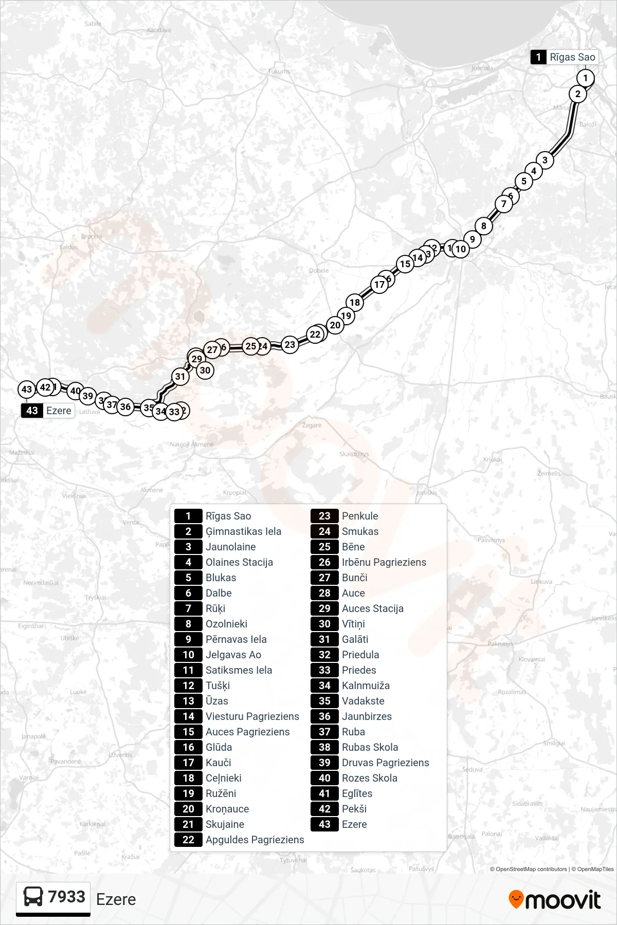 7933 bus Line (Ezere) route and stops on a map