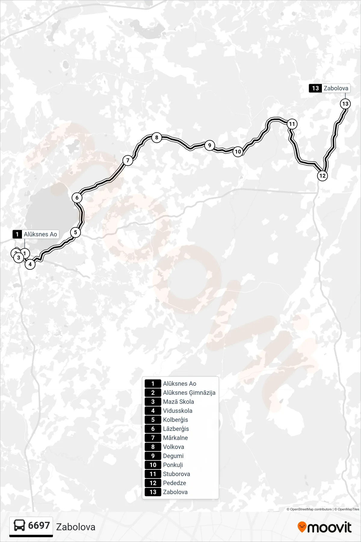 6697 bus Line (Zabolova) route and stops on a map