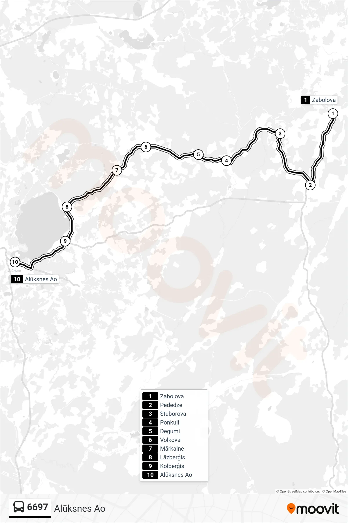 6697 bus Line (Alūksnes Ao) route and stops on a map
