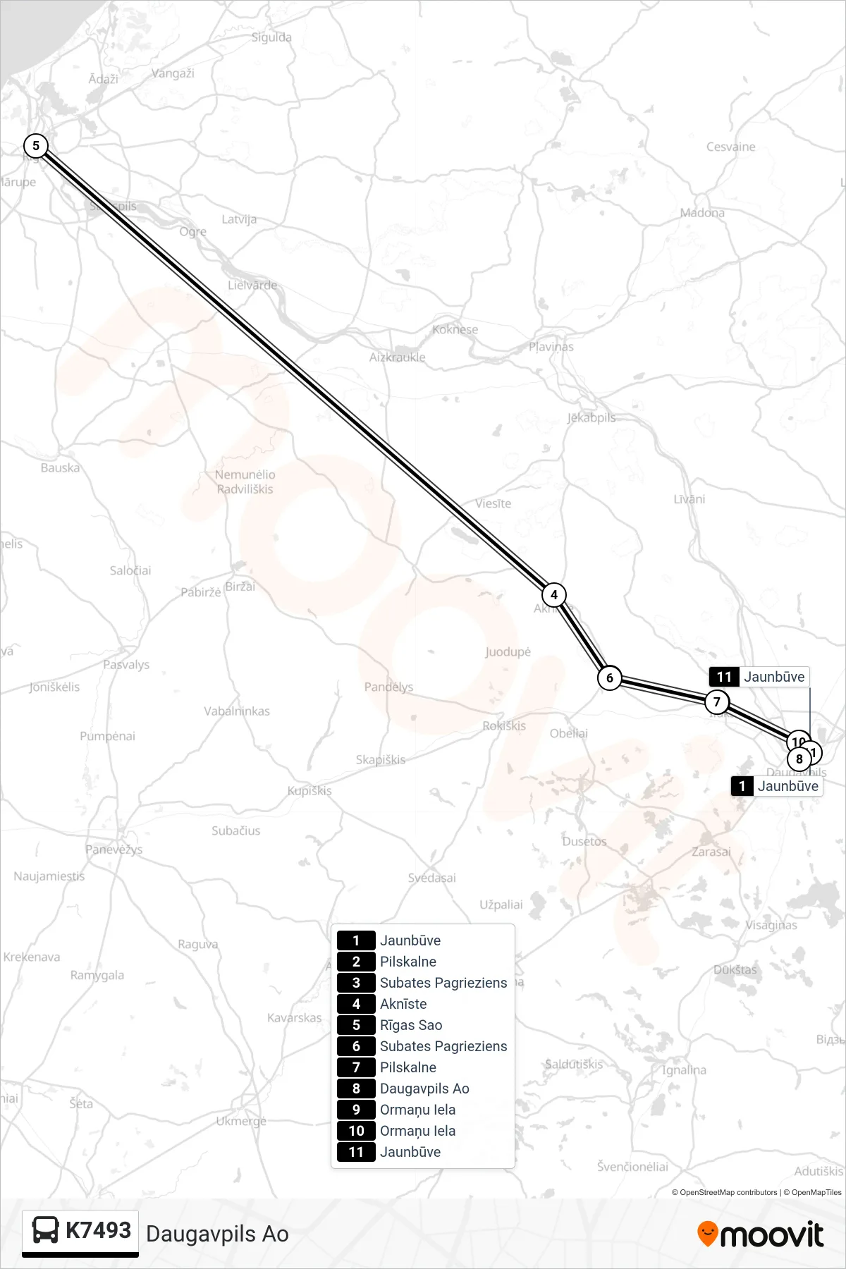 K7493 bus Line (Daugavpils Ao) route and stops on a map