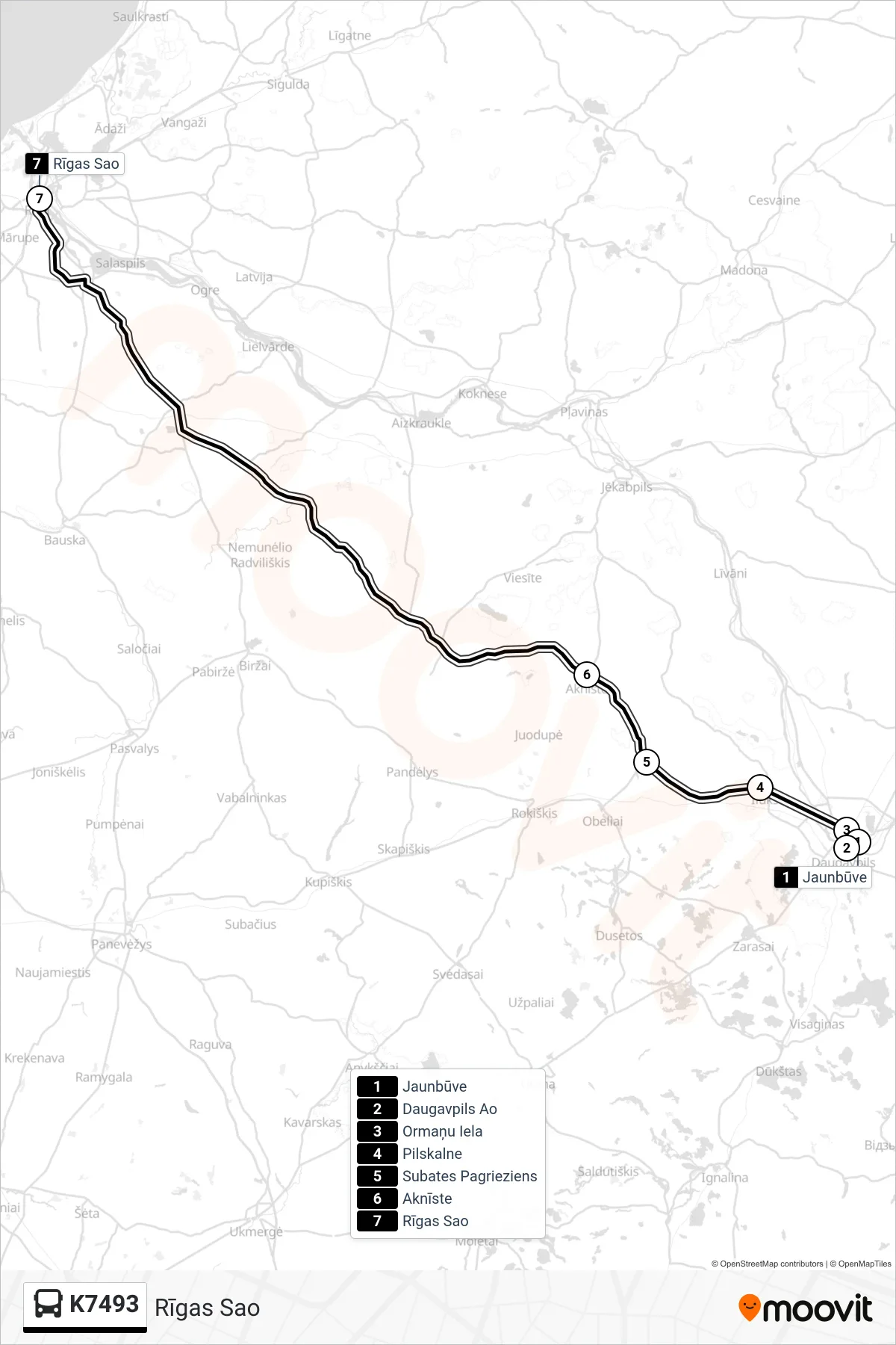 K7493 bus Line (Rīgas Sao) route and stops on a map