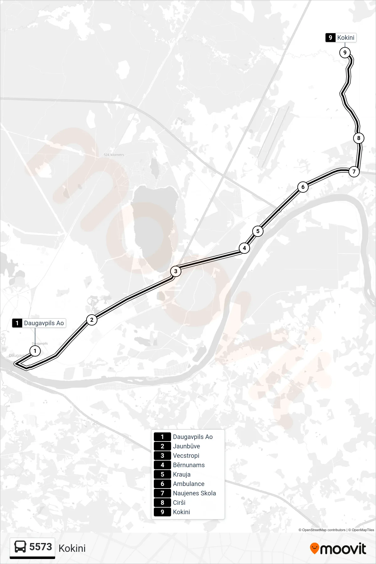 5573 bus Line (Kokini) route and stops on a map