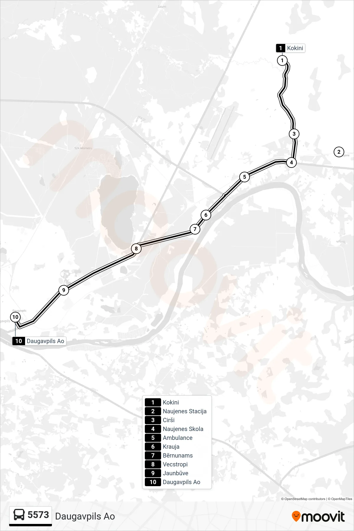 5573 bus Line (Daugavpils Ao) route and stops on a map