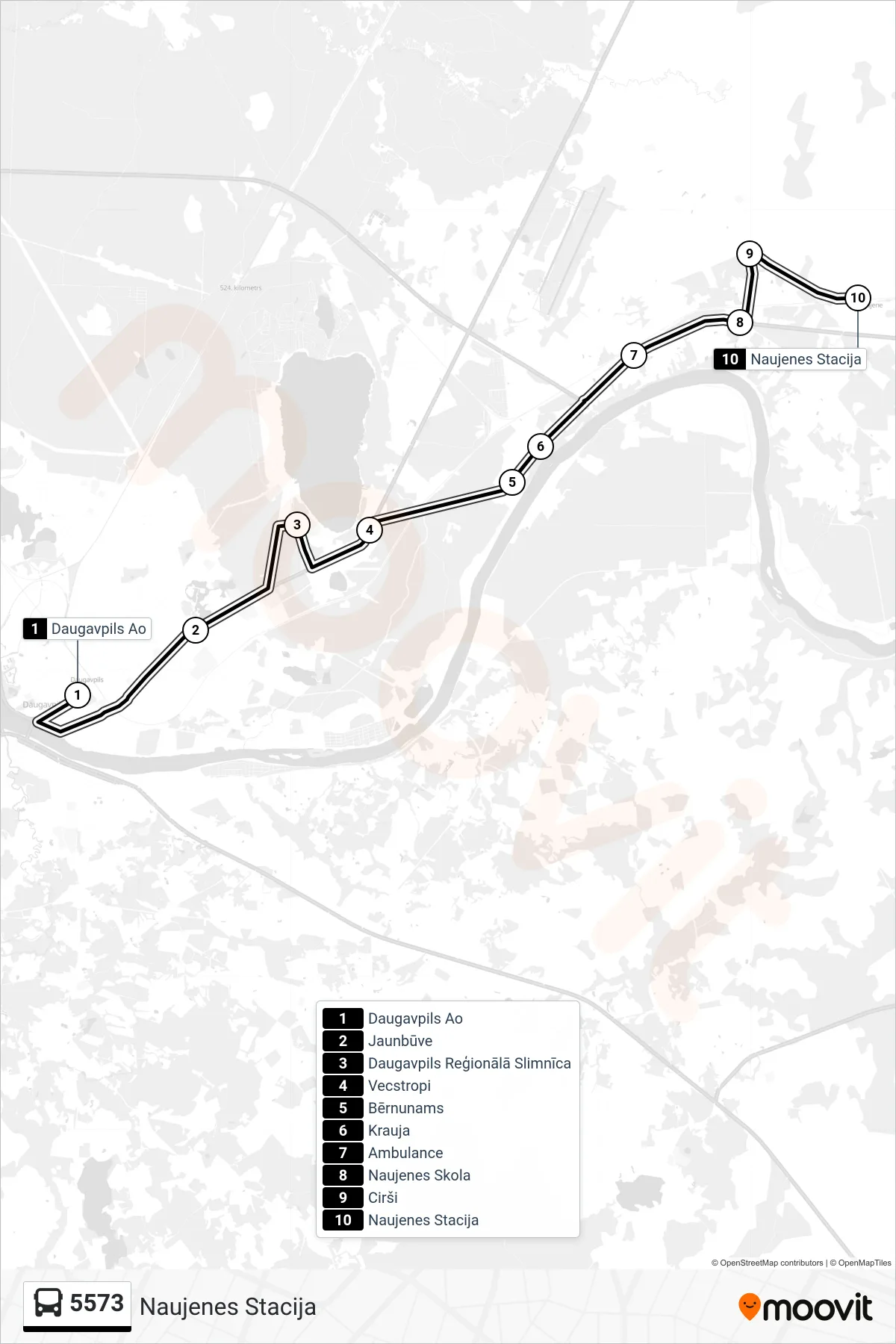 5573 bus Line (Naujenes Stacija) route and stops on a map