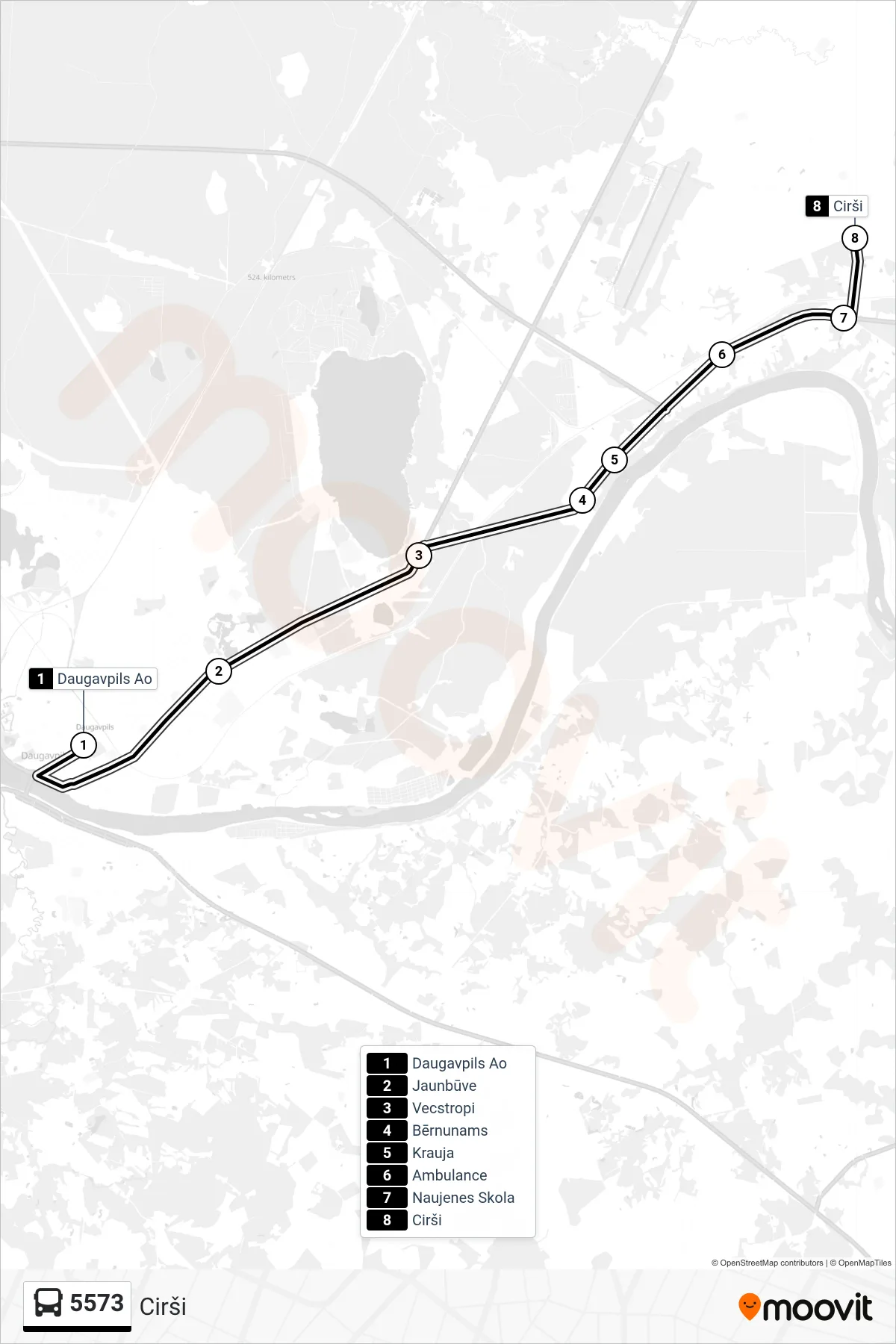 5573 bus Line (Cirši) route and stops on a map