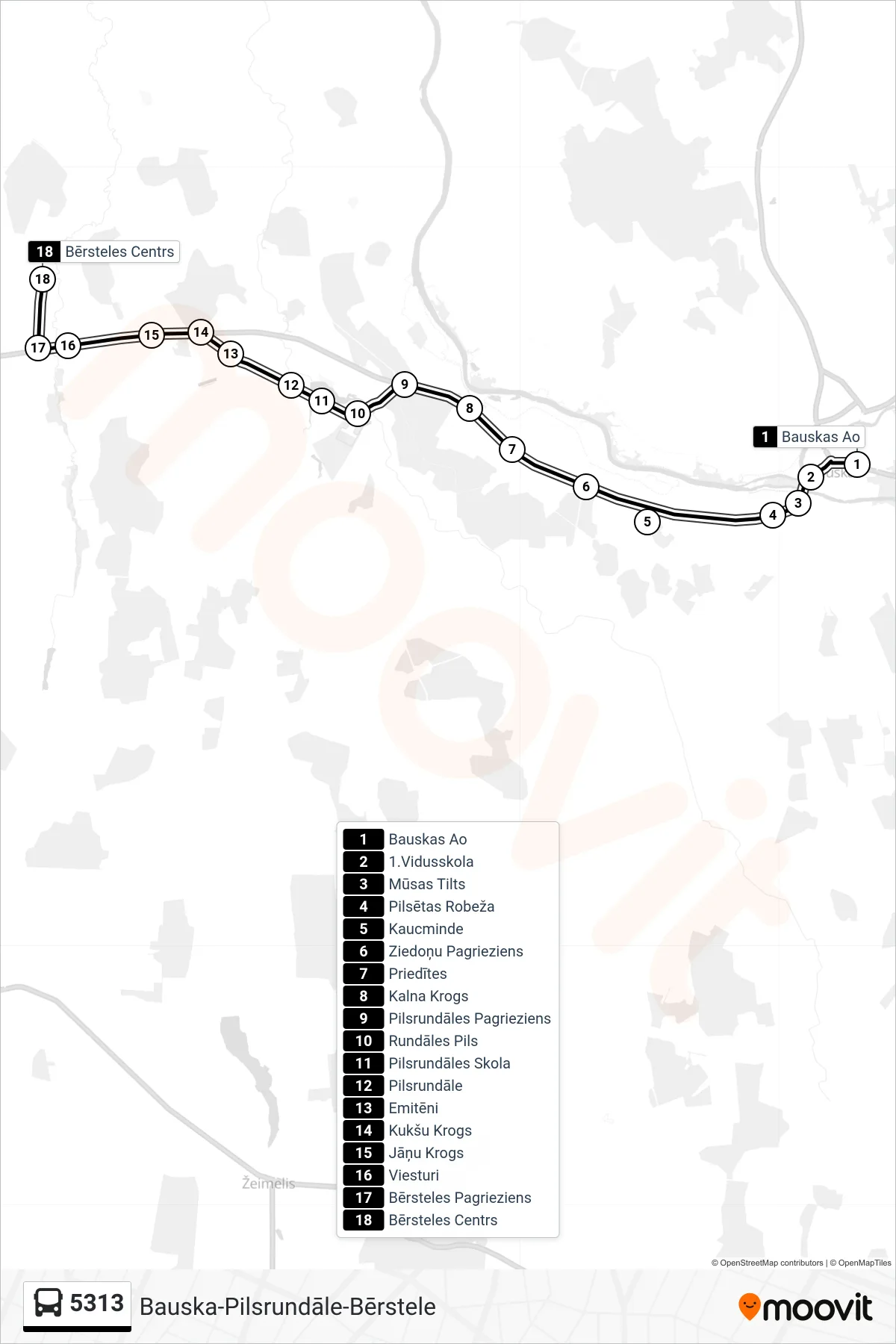 5313 bus Line (Bērsteles Centrs) route and stops on a map