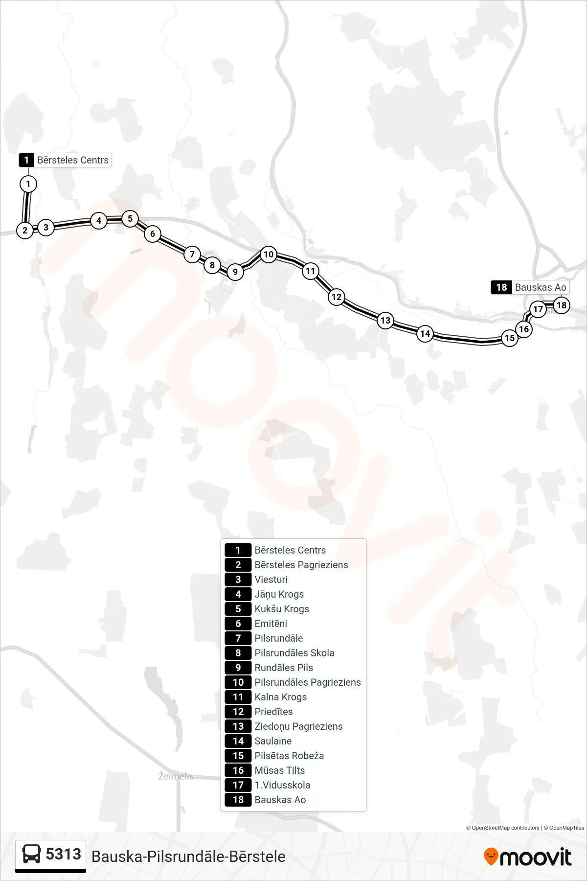 5313 bus Line (Bauskas Ao) route and stops on a map