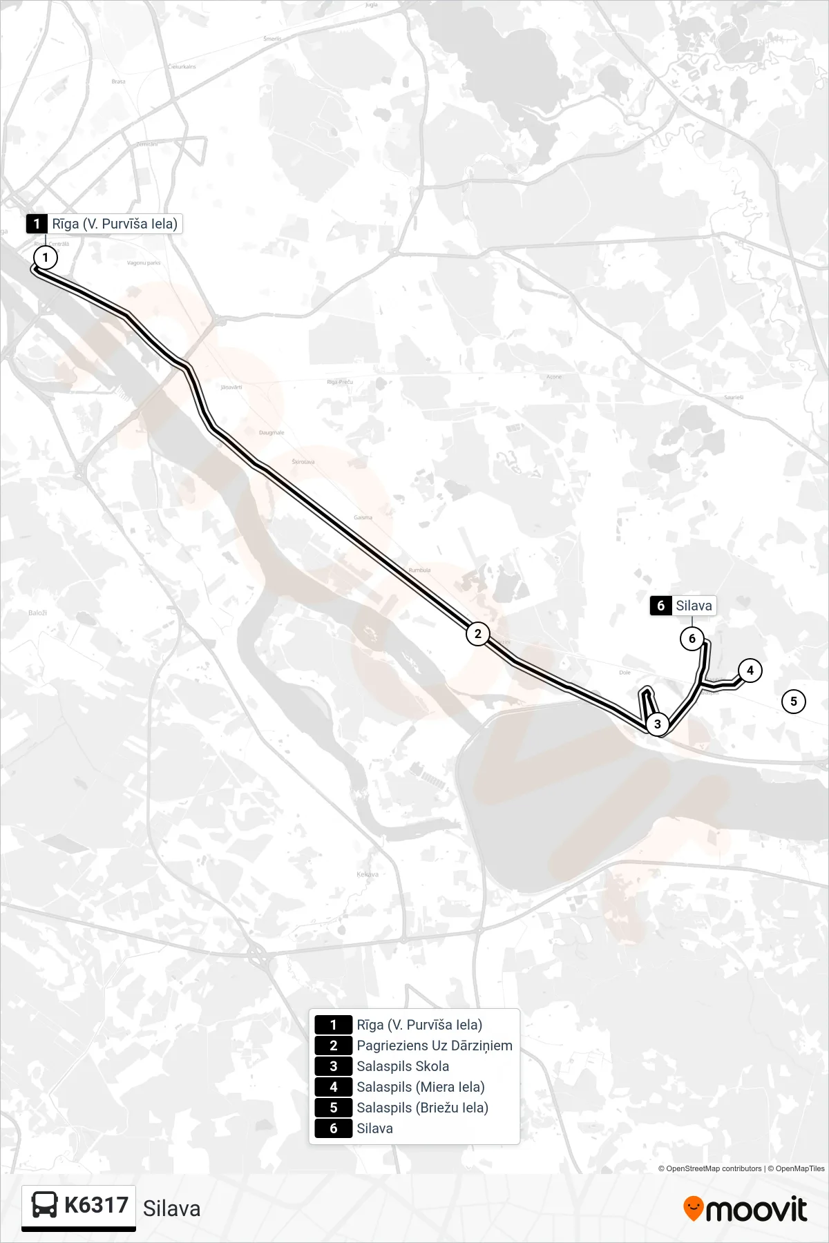 K6317 bus Line (Silava) route and stops on a map