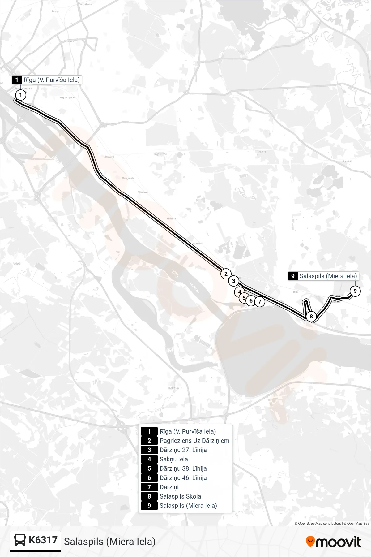 K6317 bus Line (Salaspils (Miera Iela)) route and stops on a map