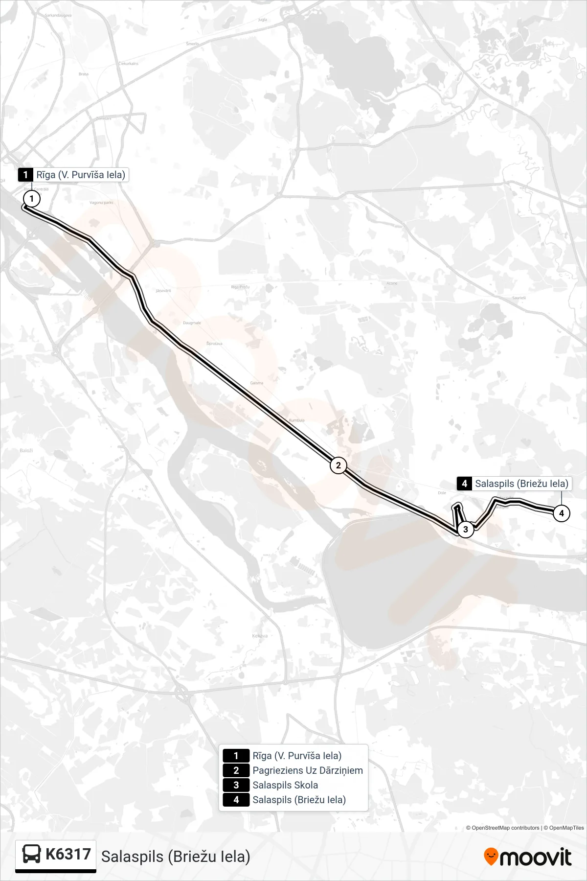 K6317 bus Line (Salaspils (Briežu Iela)) route and stops on a map
