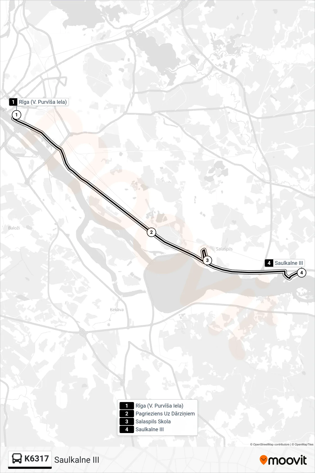 K6317 bus Line (Saulkalne III) route and stops on a map
