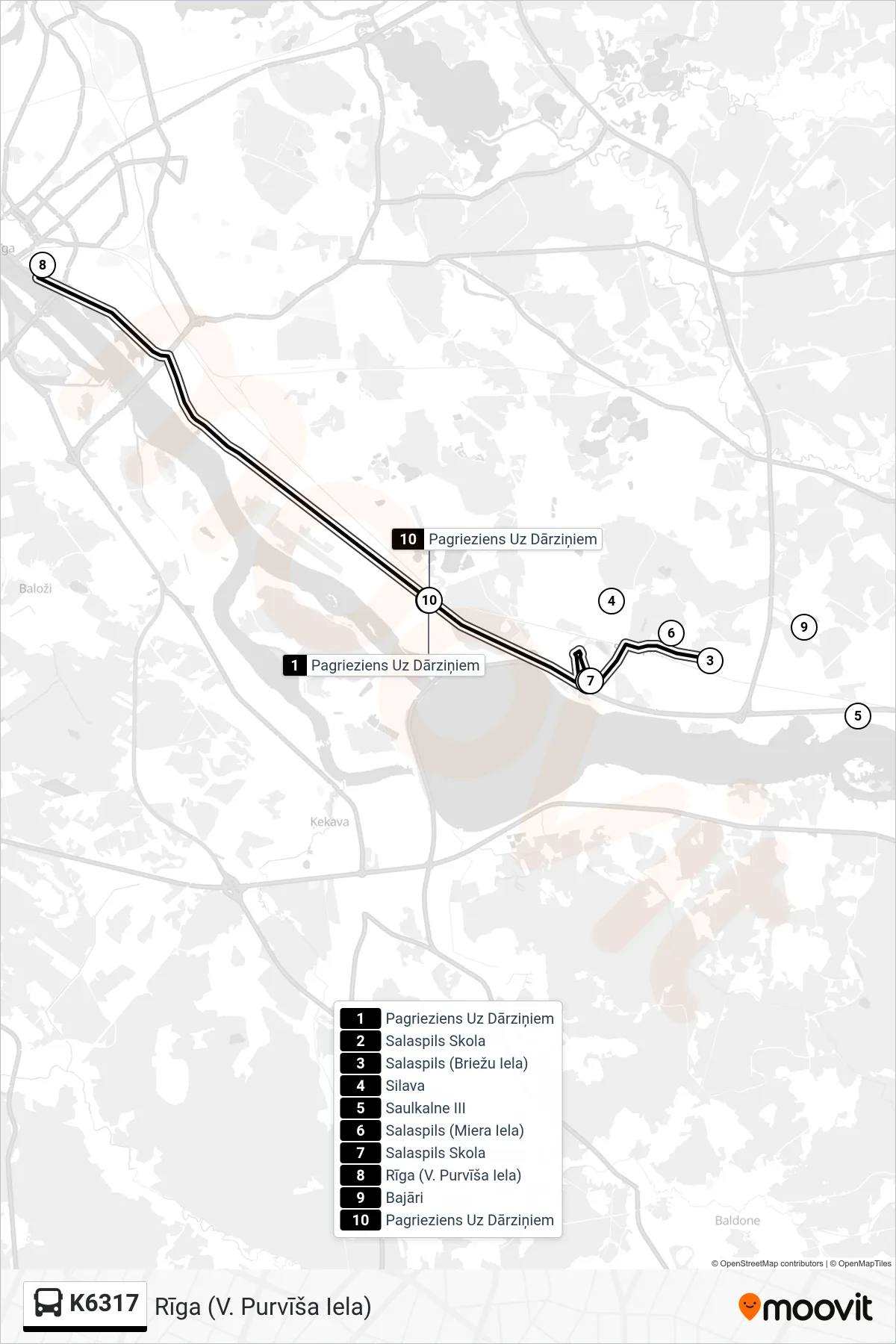 K6317 bus Line (Rīga (V. Purvīša Iela)) route and stops on a map