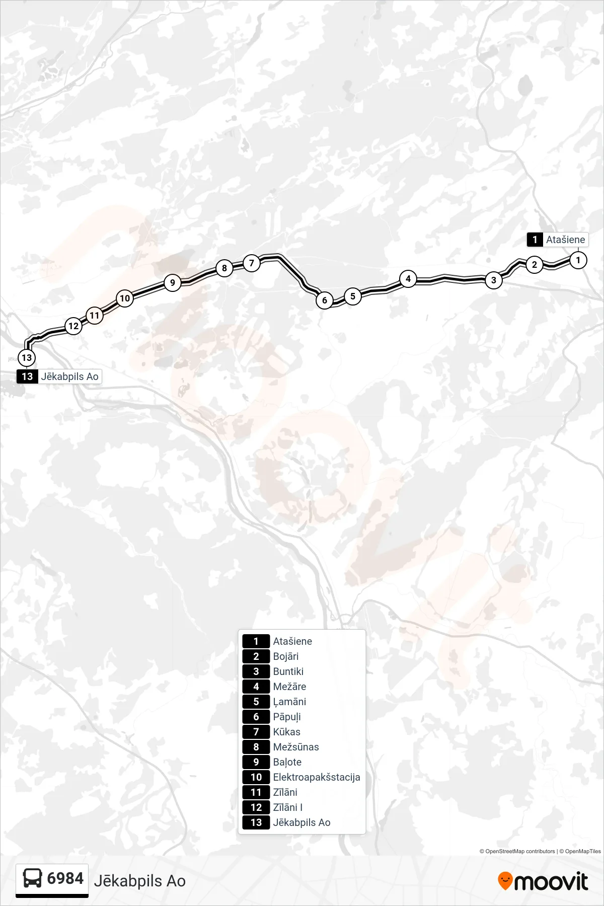 6984 bus Line (Jēkabpils Ao) route and stops on a map