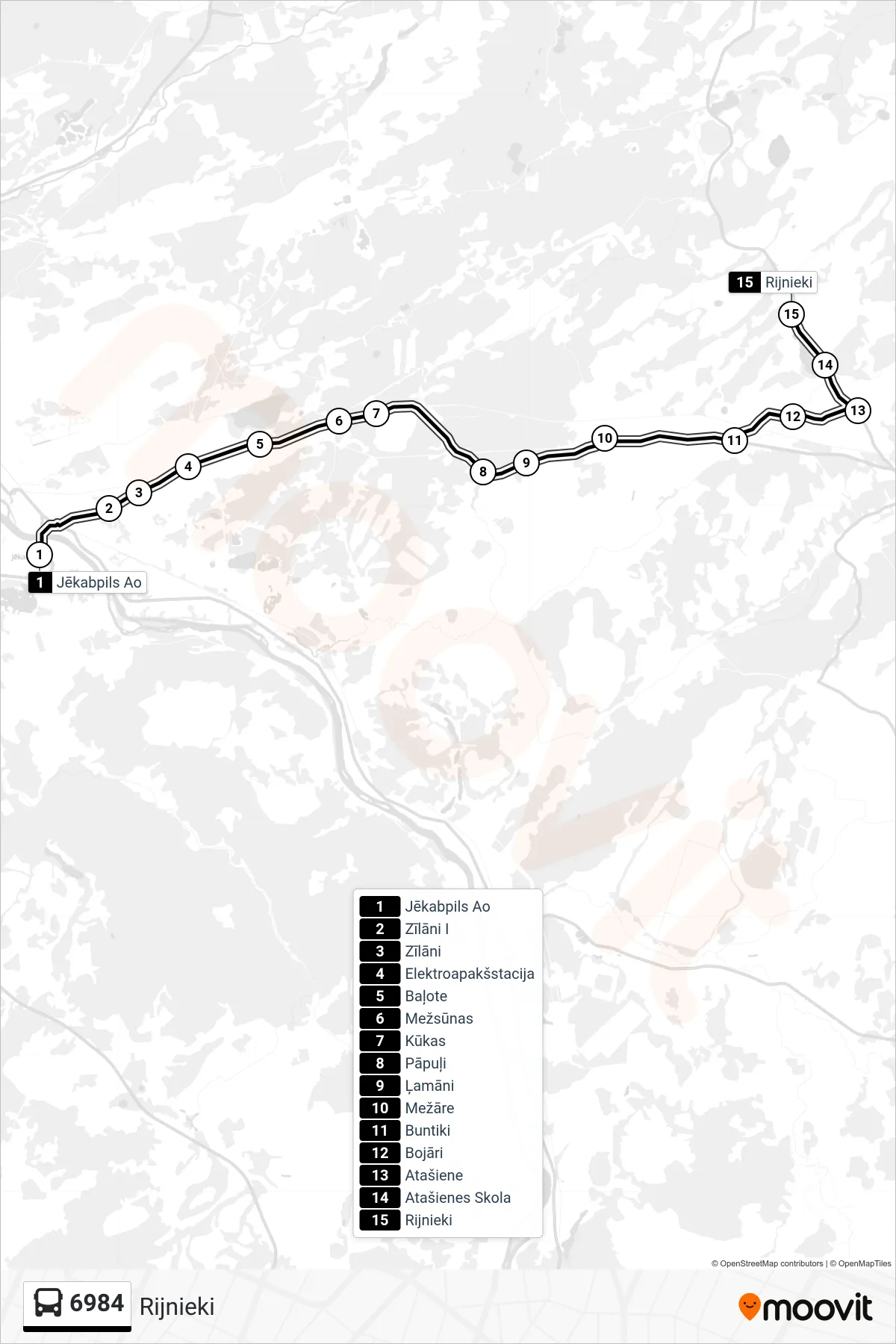 6984 bus Line (Rijnieki) route and stops on a map