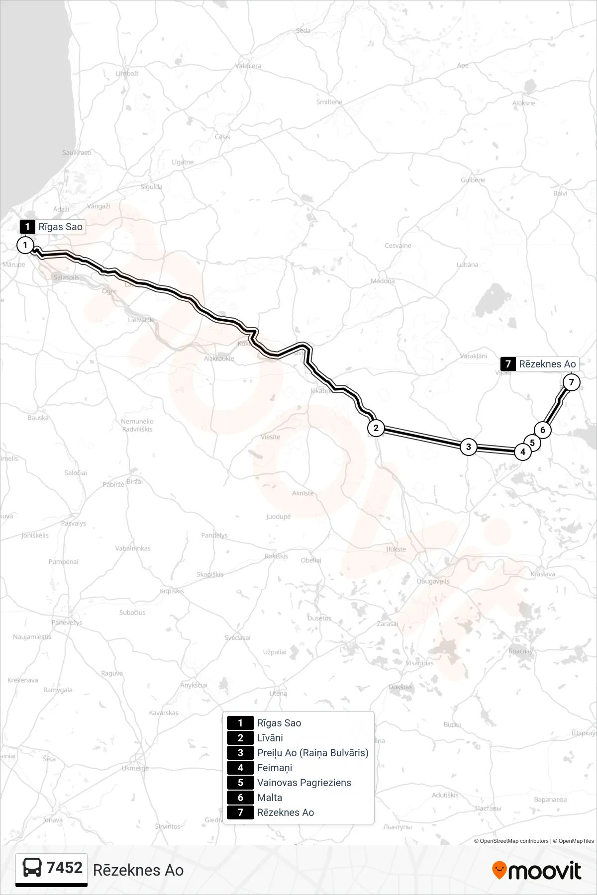 7452 bus Line (Rēzeknes Ao) route and stops on a map