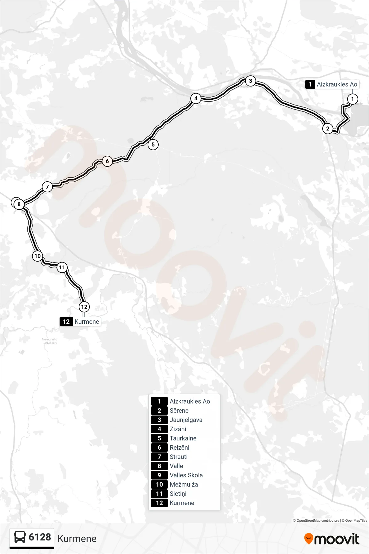 6128 bus Line (Kurmene) route and stops on a map